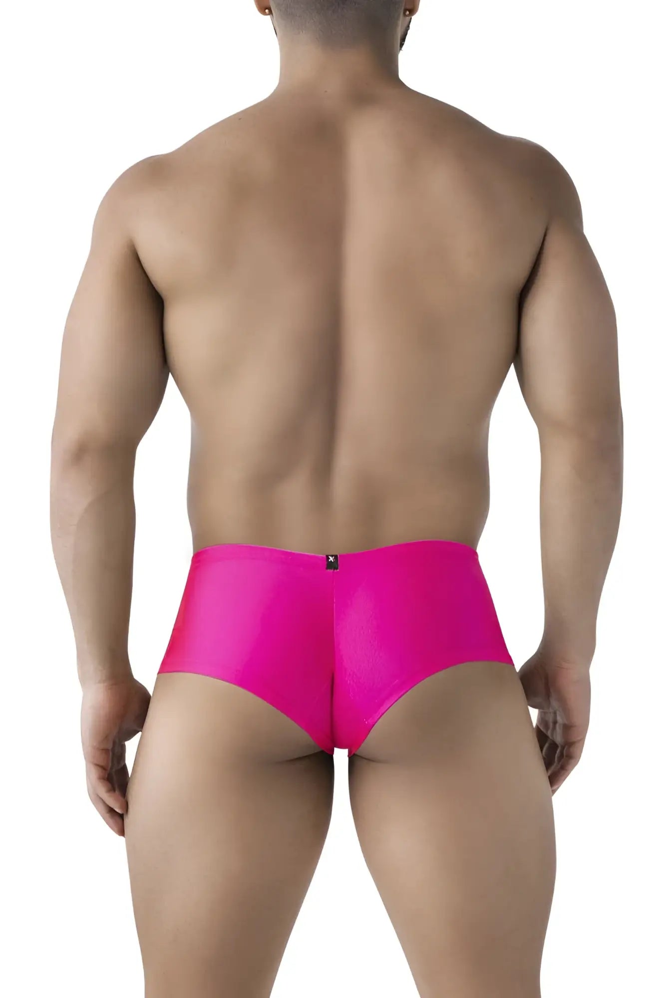 Bright pink shiny satin microfiber trunks with a small black logo on the back waistband shown from the back side