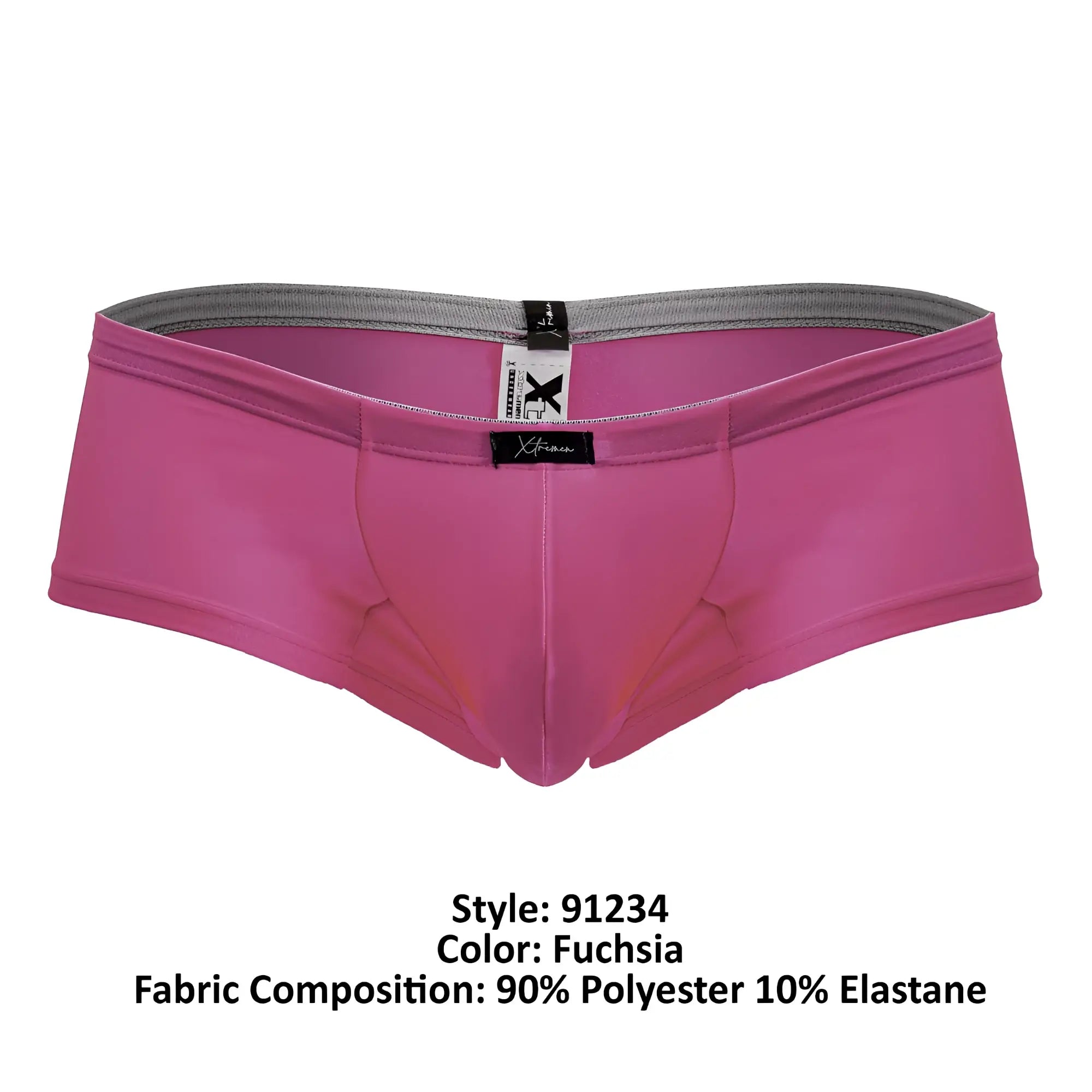 Fuchsia Xtremen 91234 microfiber men’s briefs with gray elastic waistband and black brand tags in front view