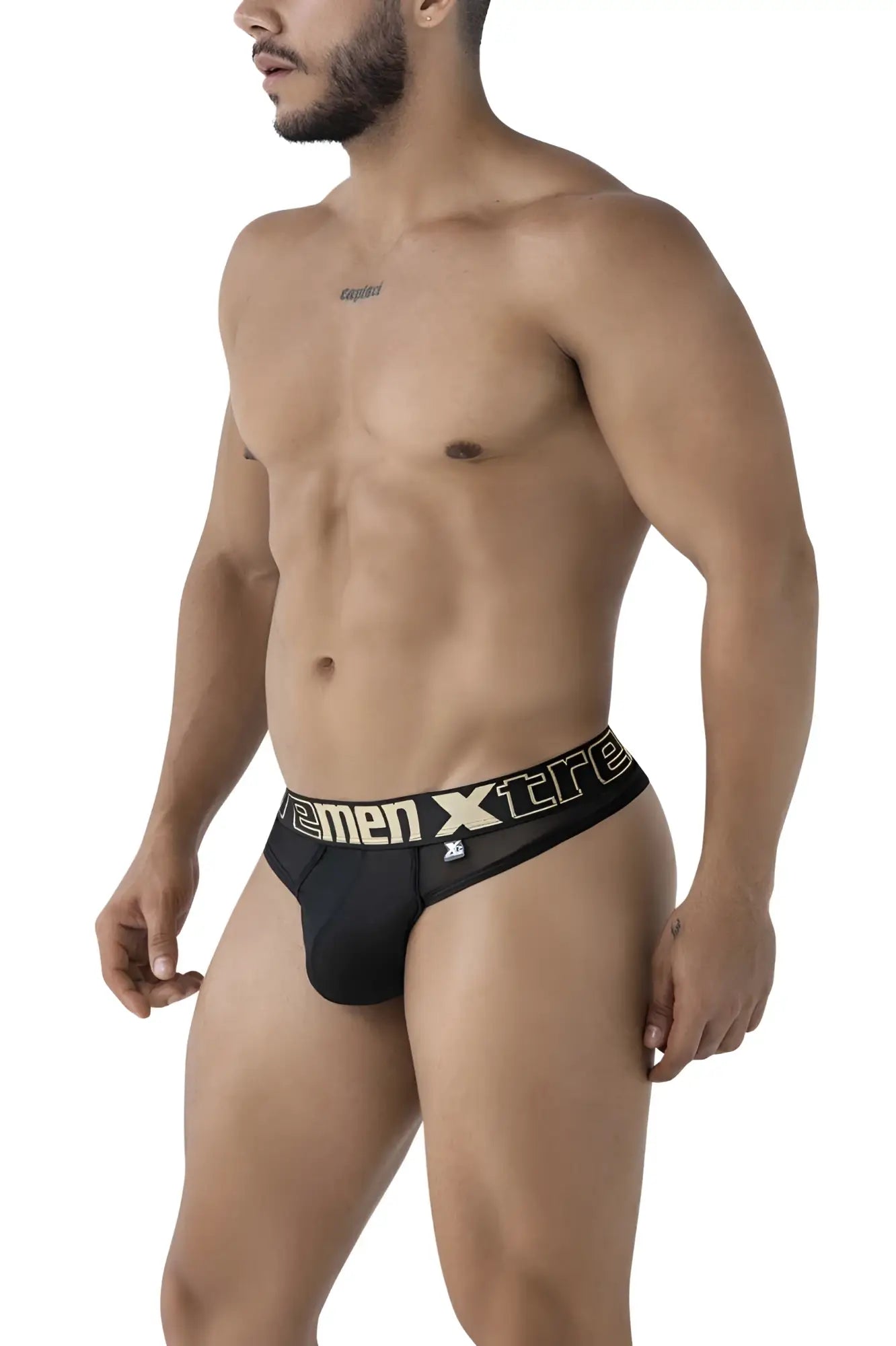Black xtremen 91235 microfiber thongs with bold white and gold xtreme logo on waistband in black color