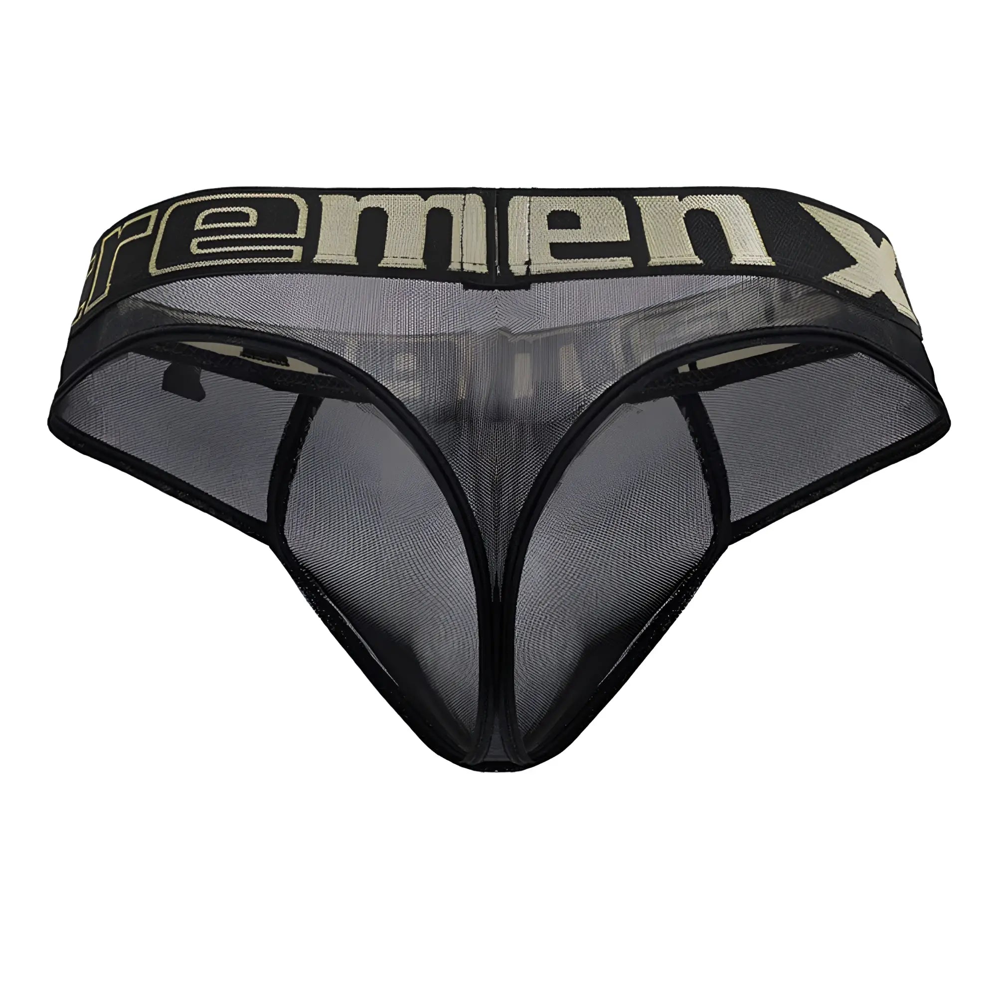 Black mesh men’s underwear microfiber thongs with beige remenx logo band xtremen 91235 in black color