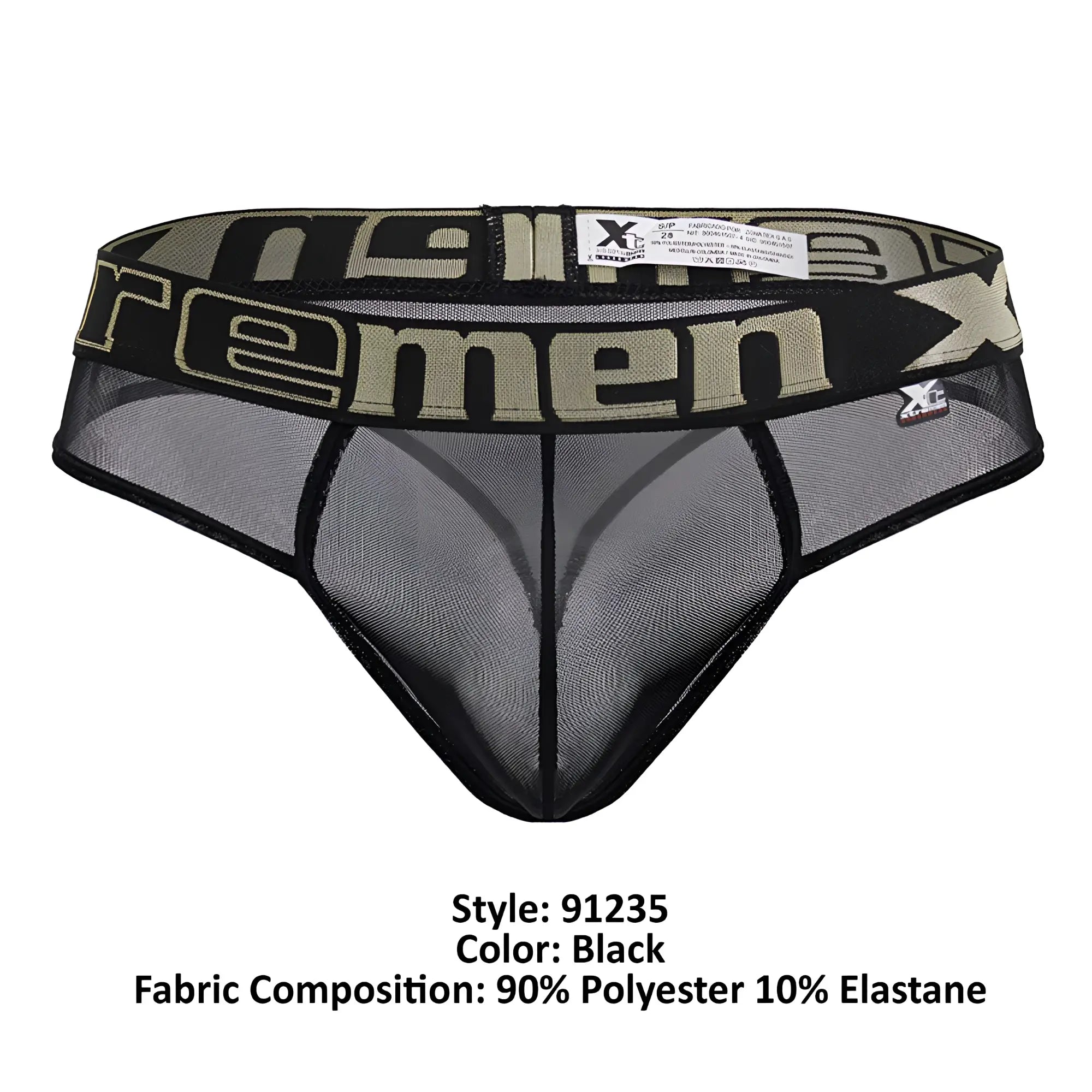 Black microfiber mesh men’s thong with bold olive green and black xtreme logo waistband, xtremen 91235 model