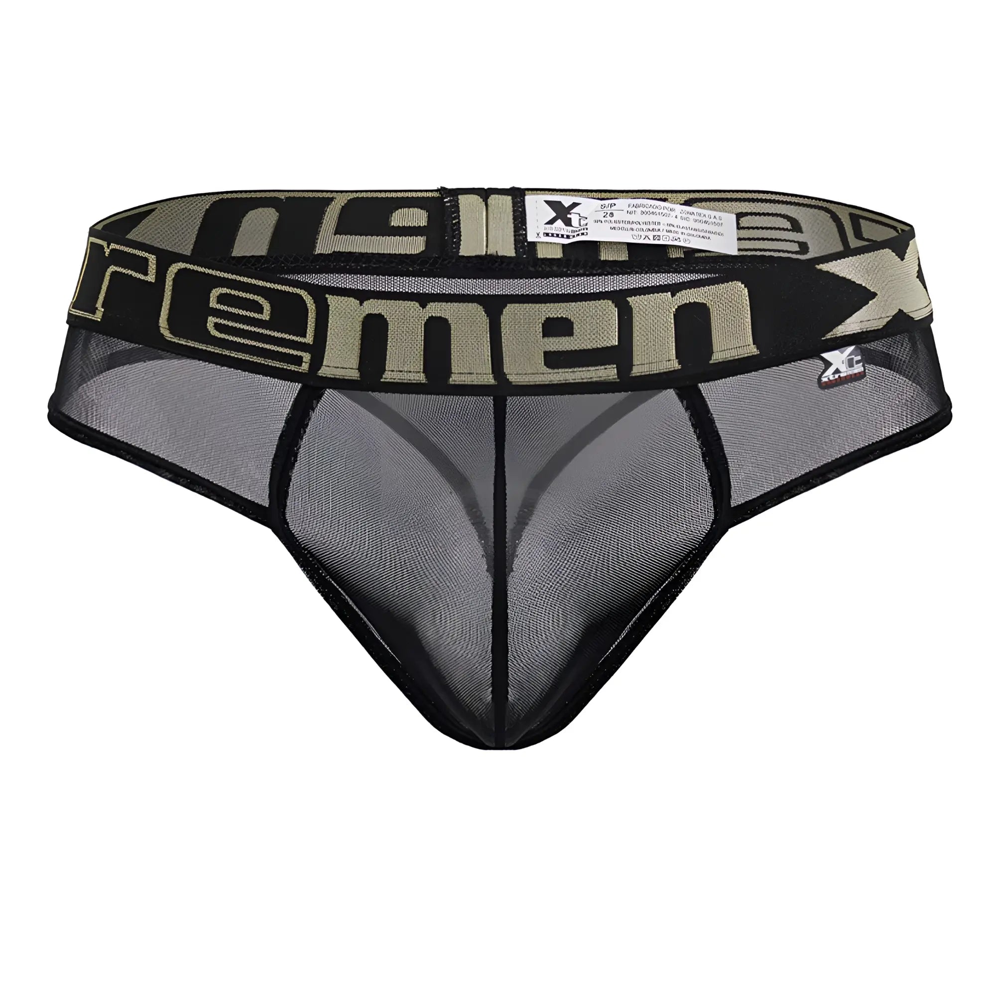 Black mesh microfiber thong with wide waistband, olive green xtreme branding, and adjustable elastic band back side