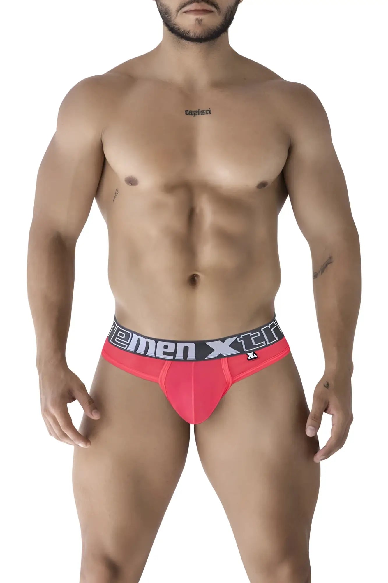 Bright pink xtremen 91235 microfiber men’s briefs with black and white xtreme branded waistband