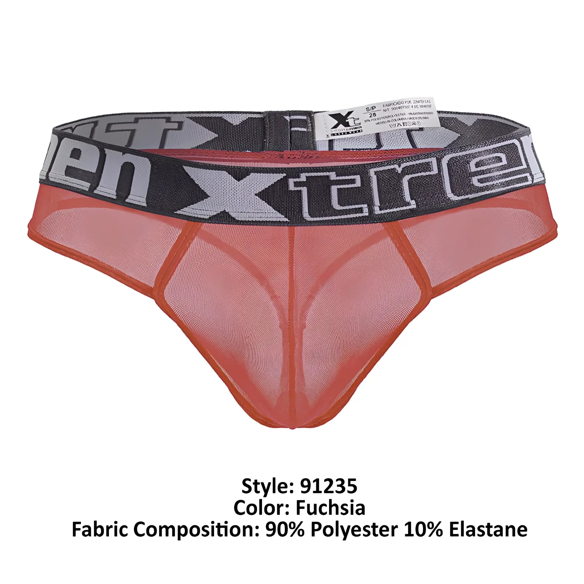 Xtremen 91235 microfiber fuchsia mesh thong with black and gray elastic waistband featuring xtreme logo