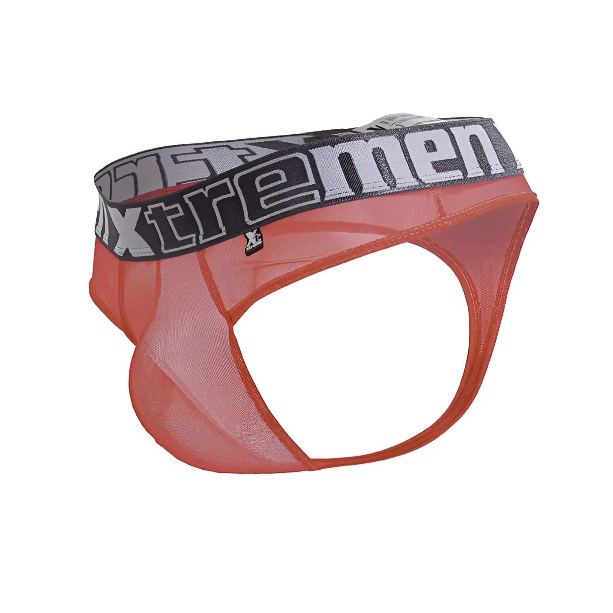 Orange mesh briefs with gray and black elastic waistband featuring xtreme men logo from xtremen microfiber thongs
