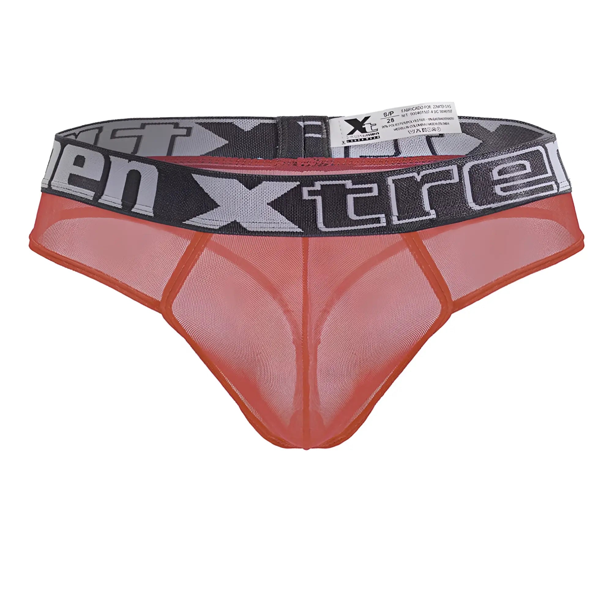 Orange mesh microfiber thong with gray and black elastic waistband featuring xtreme logo in white lettering