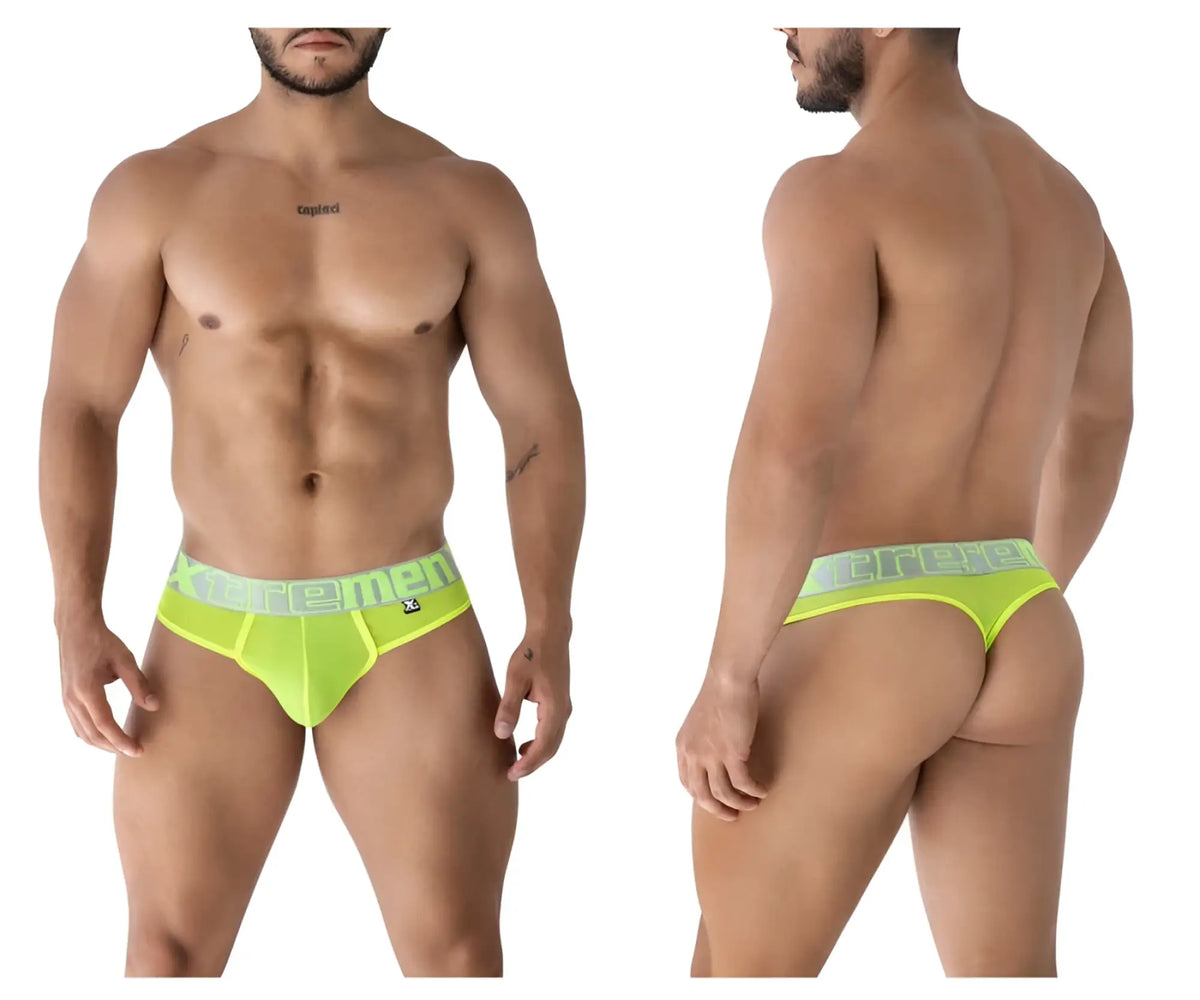Bright neon green xtremen 91235 microfiber men’s briefs with light gray elastic waistband featuring xtremen logo