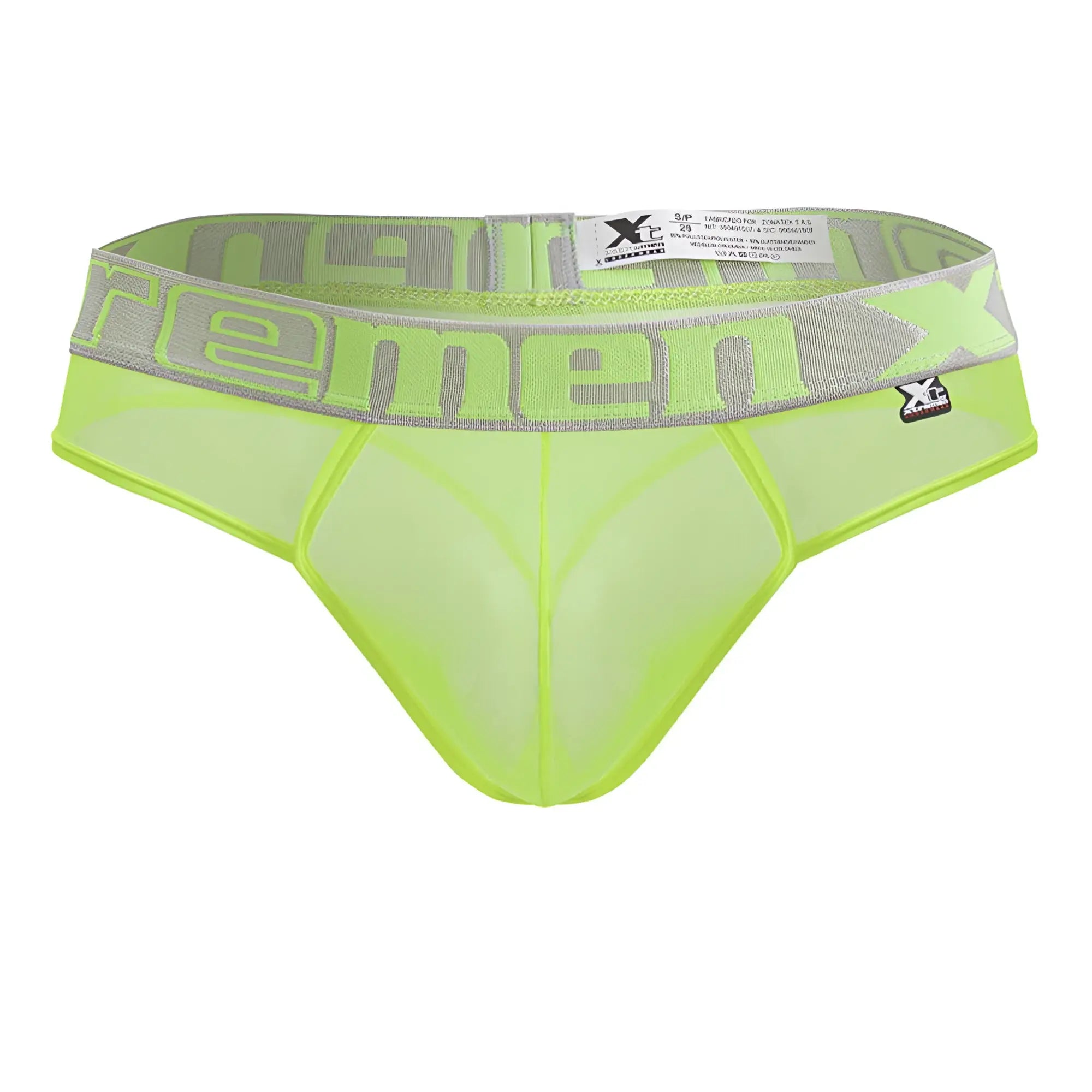 Bright neon green xtremen 91235 microfiber mesh briefs with gray elastic waistband featuring xc logo and brand name