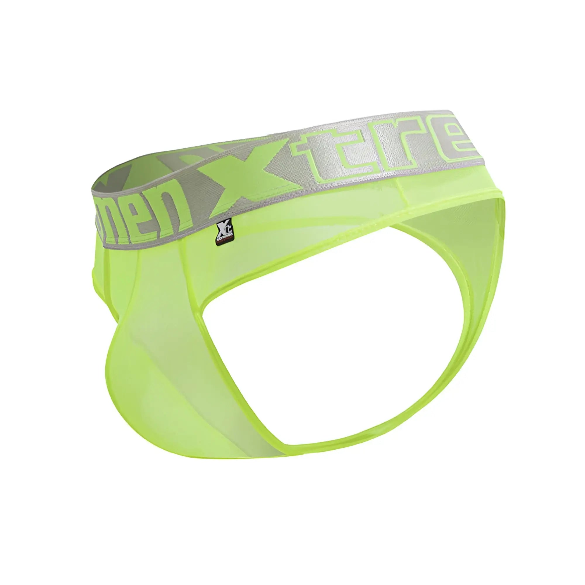 Bright neon green Xtremen 91235 microfiber thongs with gray elastic waistband and neon green xtreme logo