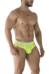 Neon yellow microfiber men’s briefs with extreme logo on matching elastic waistband from Xtremen 91235 collection