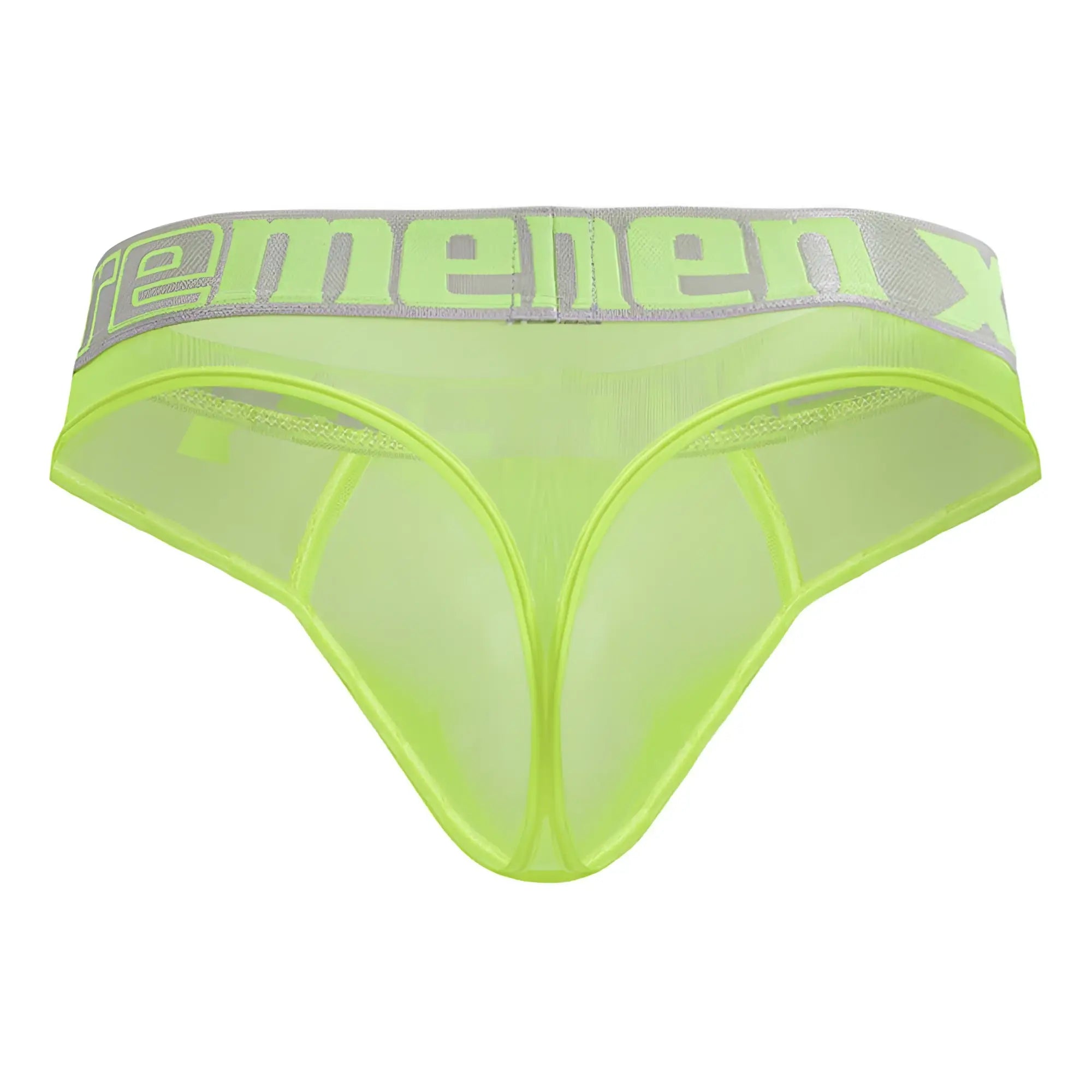 Lime green sheer mesh menenx briefs with gray elastic waistband from Xtremen 91235 microfiber thongs neon green collection