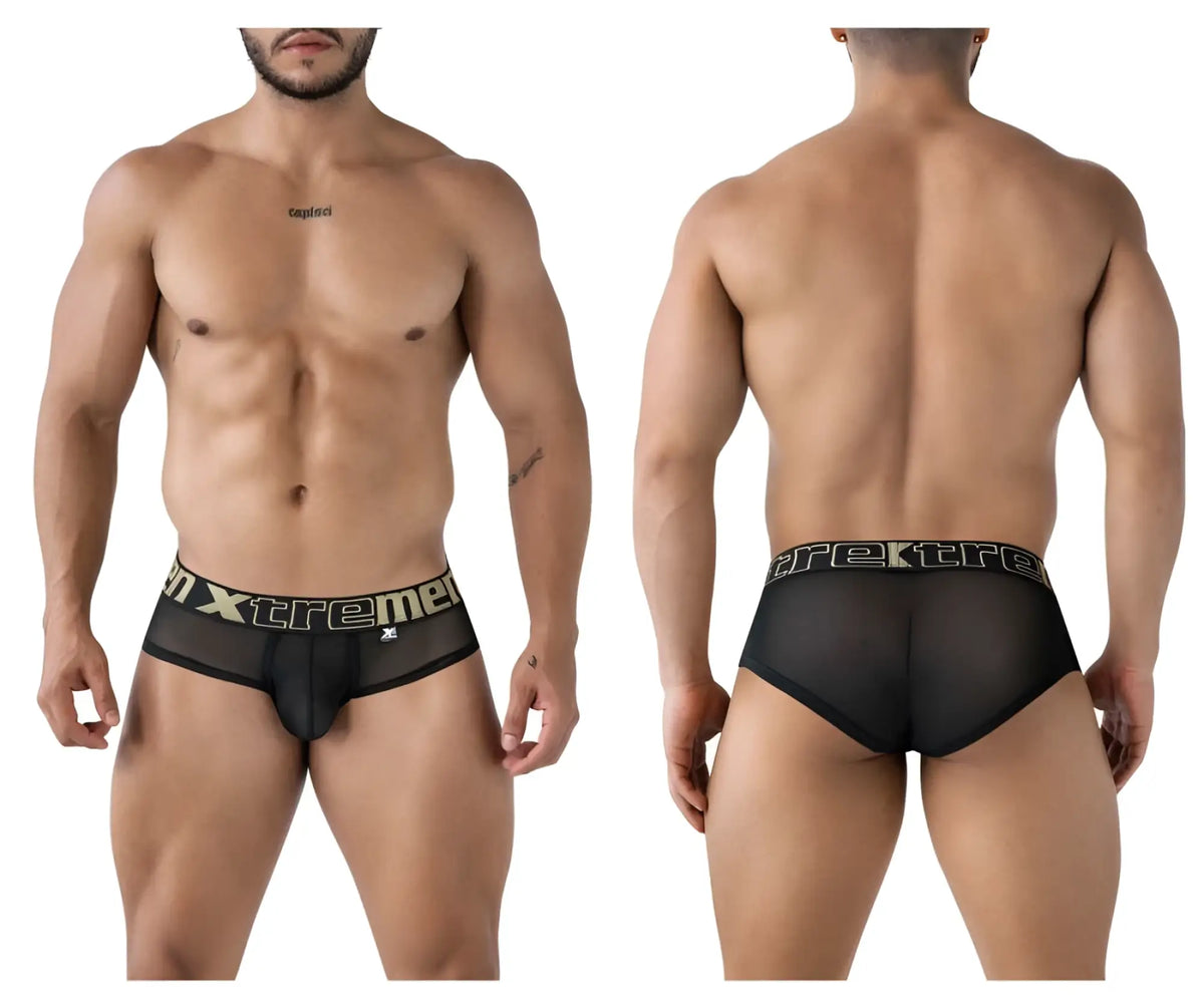 Black xtremen 91236 microfiber briefs with gold and black xtreme logo mesh waistband front view