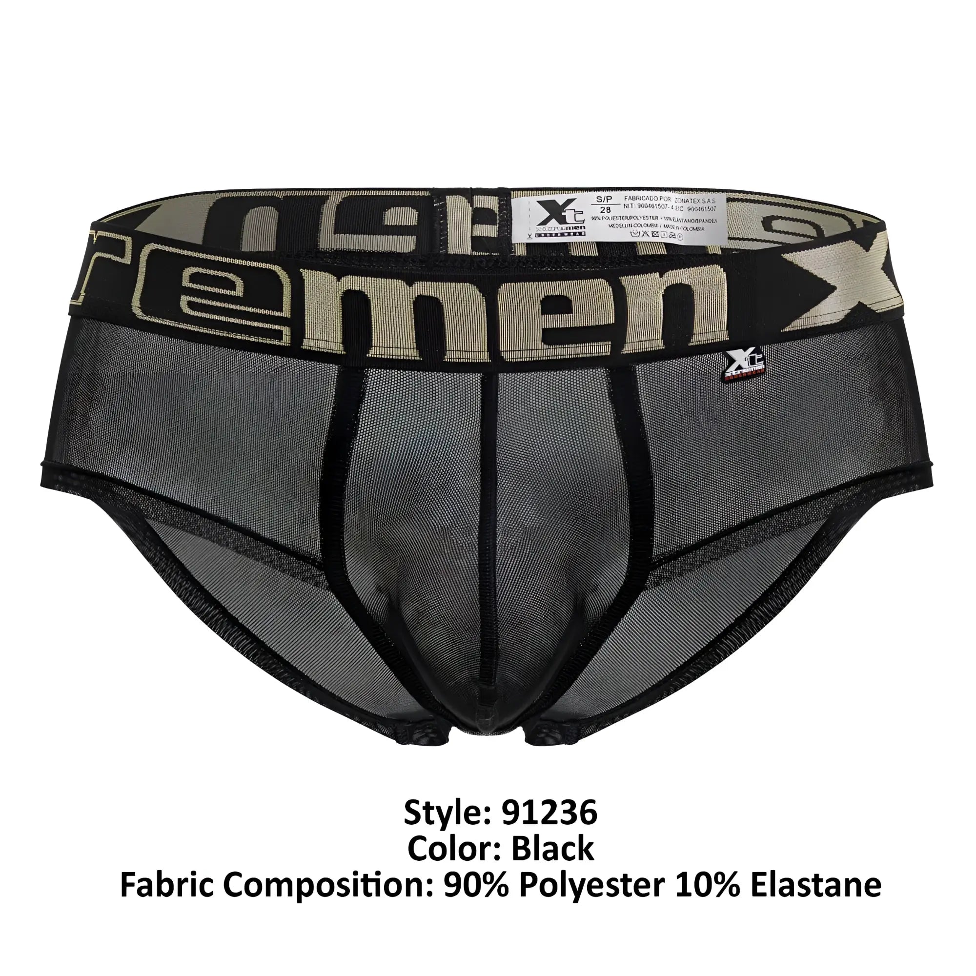 Black mesh xtremen 91236 microfiber briefs for men with wide elastic waistband and beige xc men logo