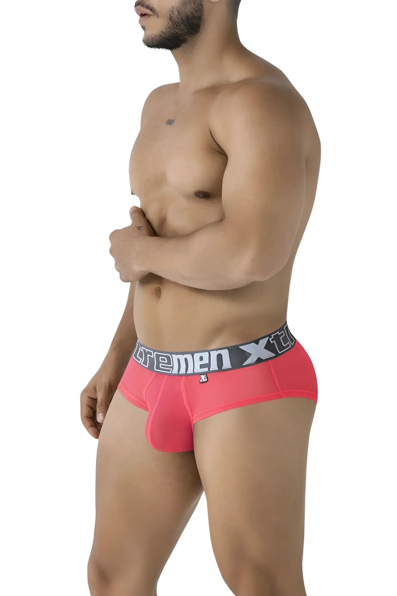Xtremen 91236 microfiber briefs in bright fuchsia with gray waistband and white xtremen logo in front view