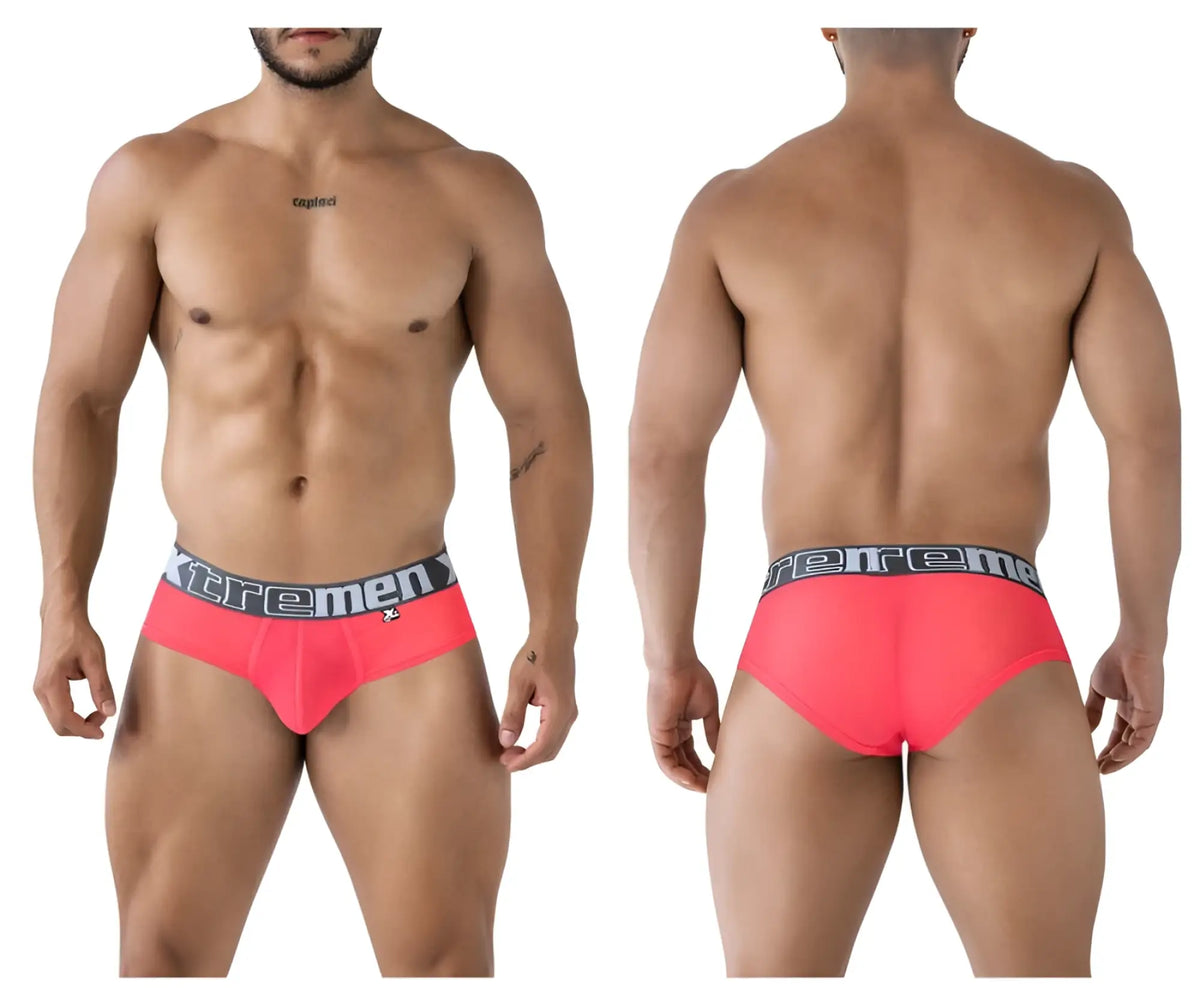 Bright pink fuchsia xtremen 91236 microfiber men’s briefs with a gray waistband and black xtrememen logo