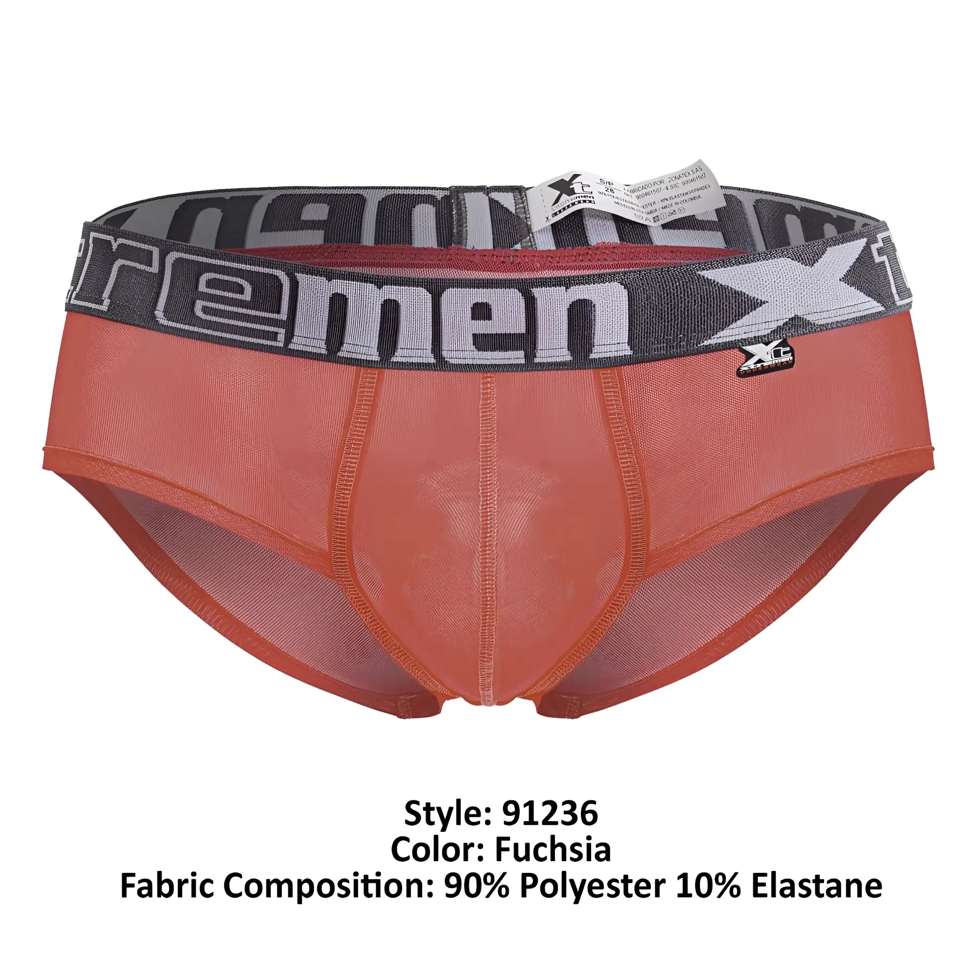 Fuchsia xtremen 91236 microfiber men’s briefs with gray elastic waistband featuring xtreme logo and branding