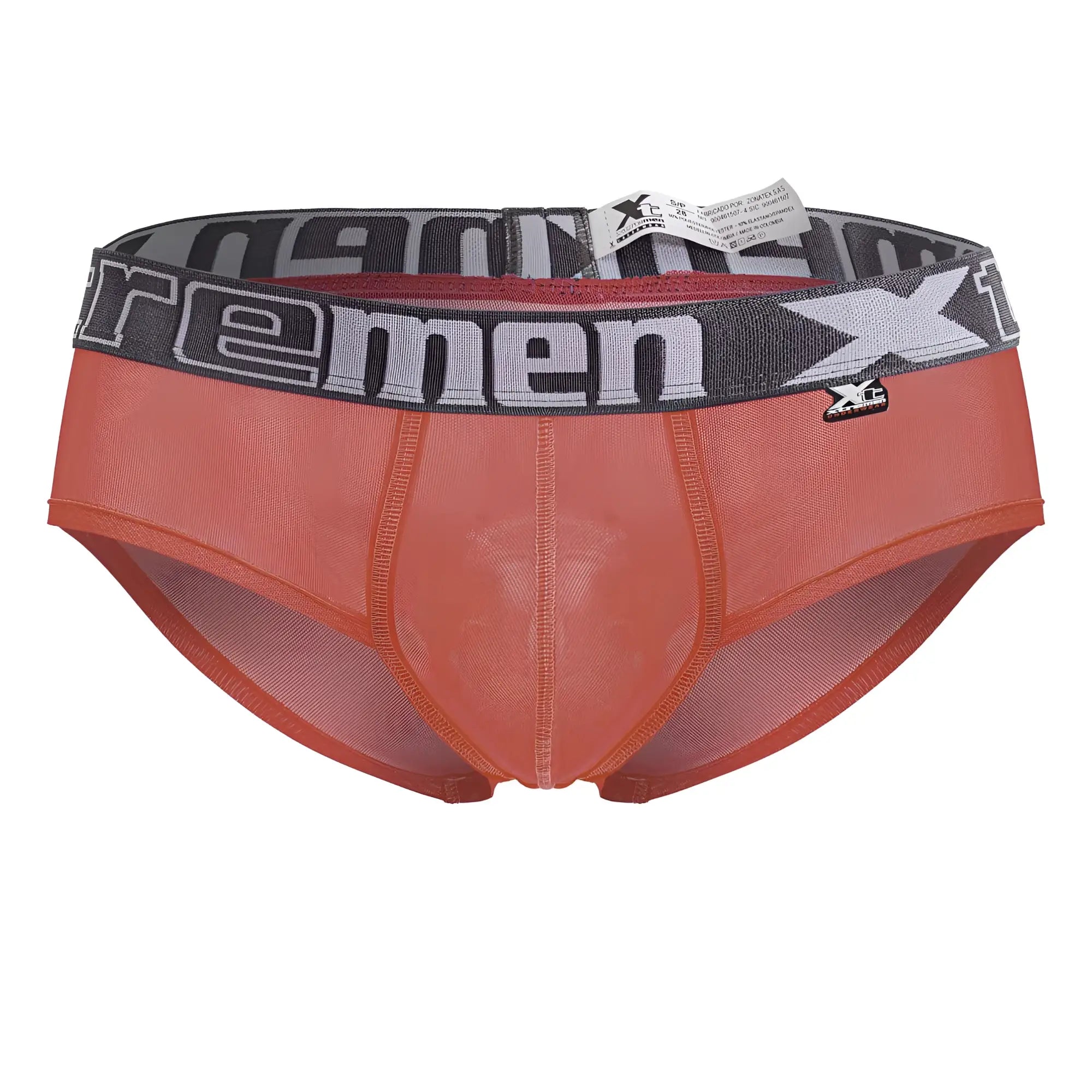 Orange mesh xtremen 91236 microfiber briefs for men with gray elastic waistband featuring xc logo in fuchsia color