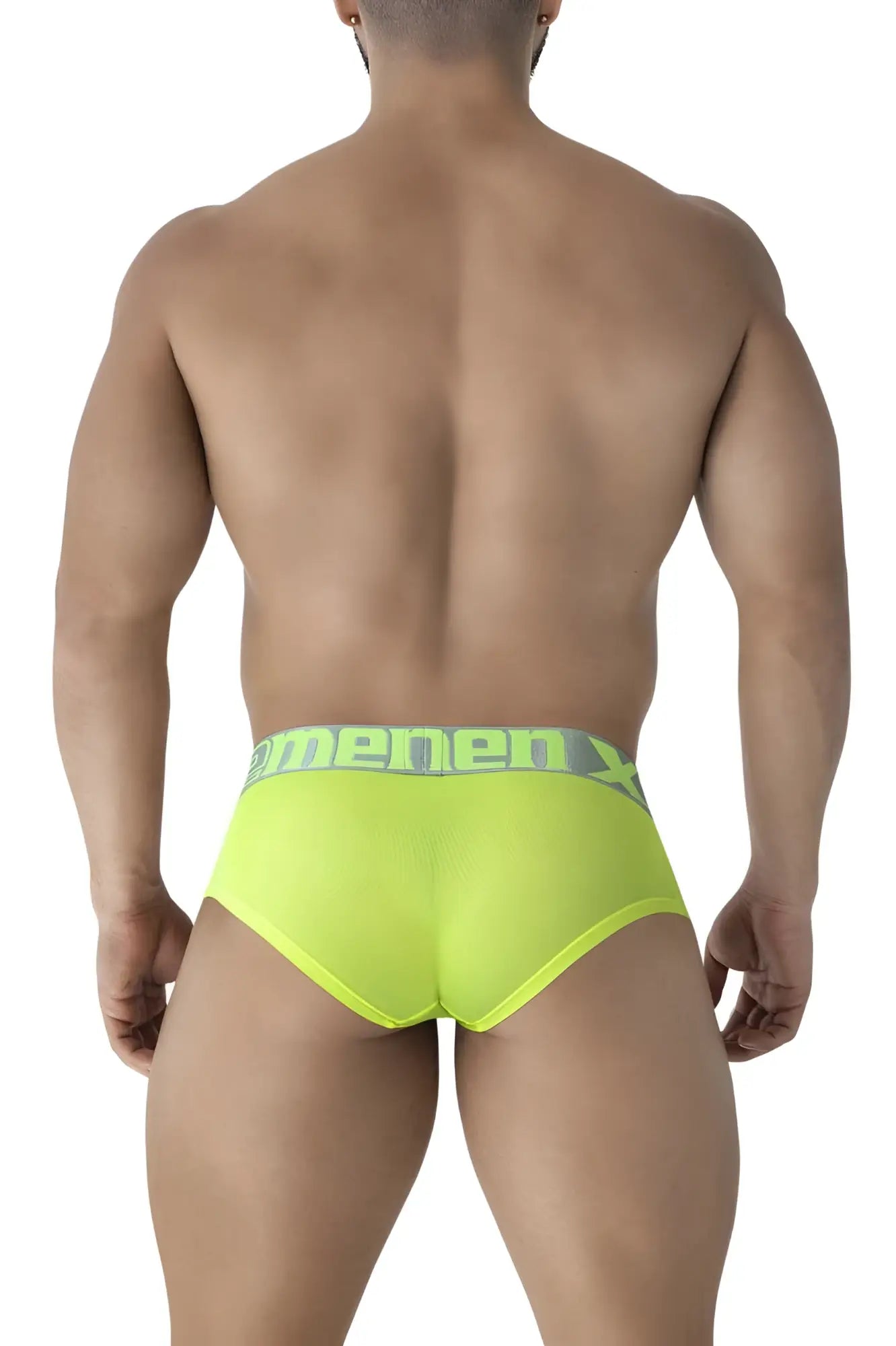 Xtremen 91236 microfiber neon green men’s briefs with bright neon green fabric and menenx logo waistband in dark gray
