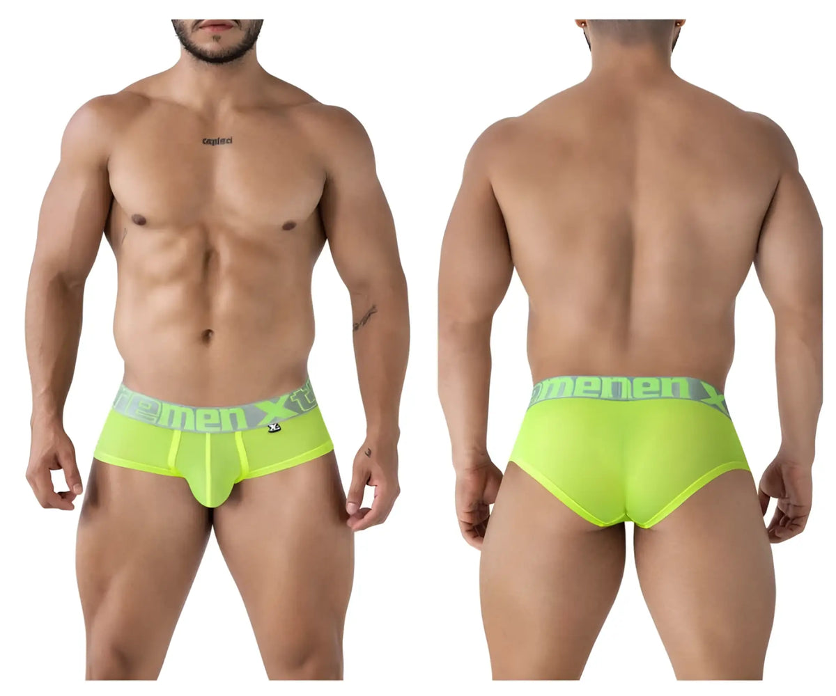 Bright neon green xtremen 91236 microfiber men’s briefs with matching waistband and dark gray menx logo