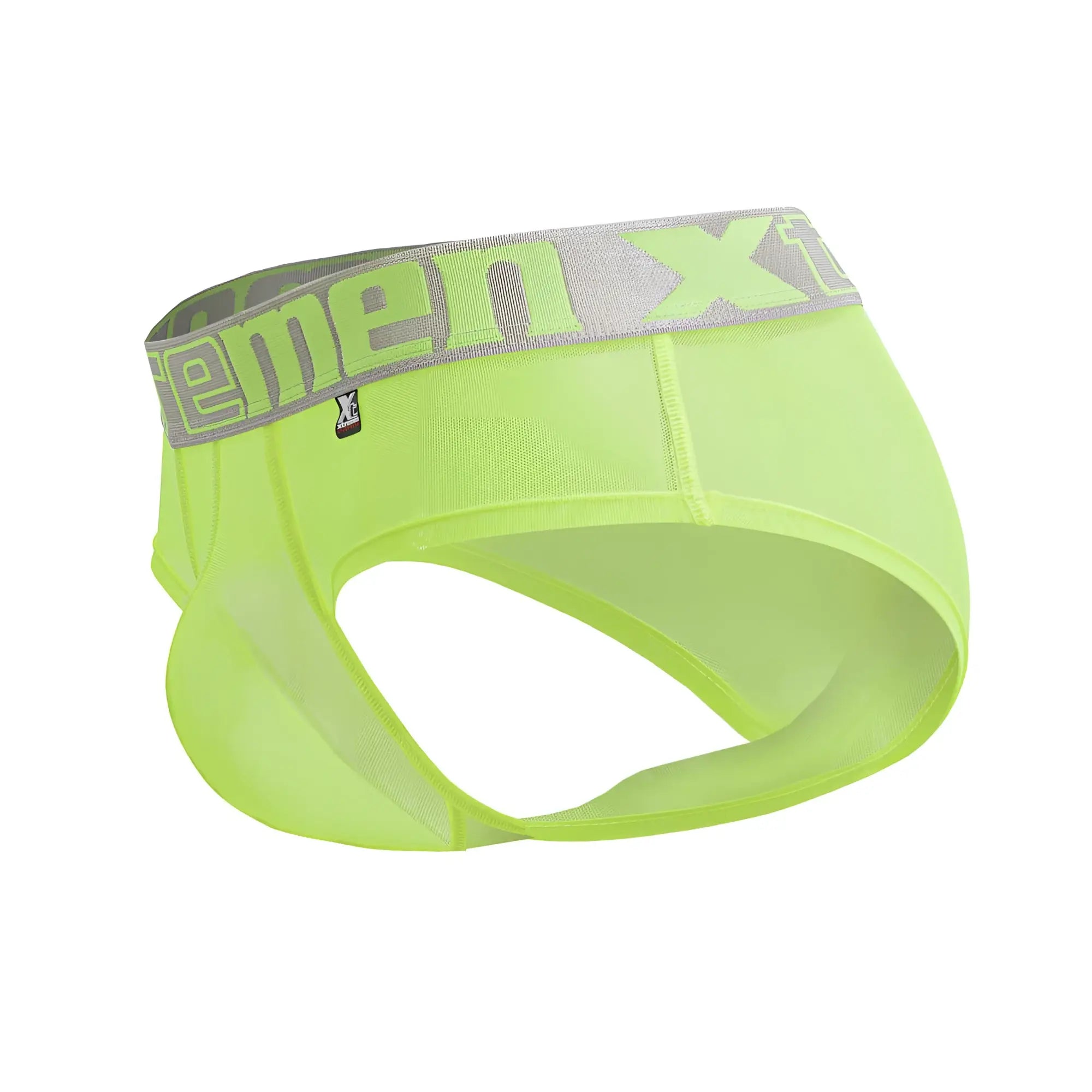 Bright neon green xtremen 91236 microfiber men’s briefs with gray waistband featuring neon green xtreme logo