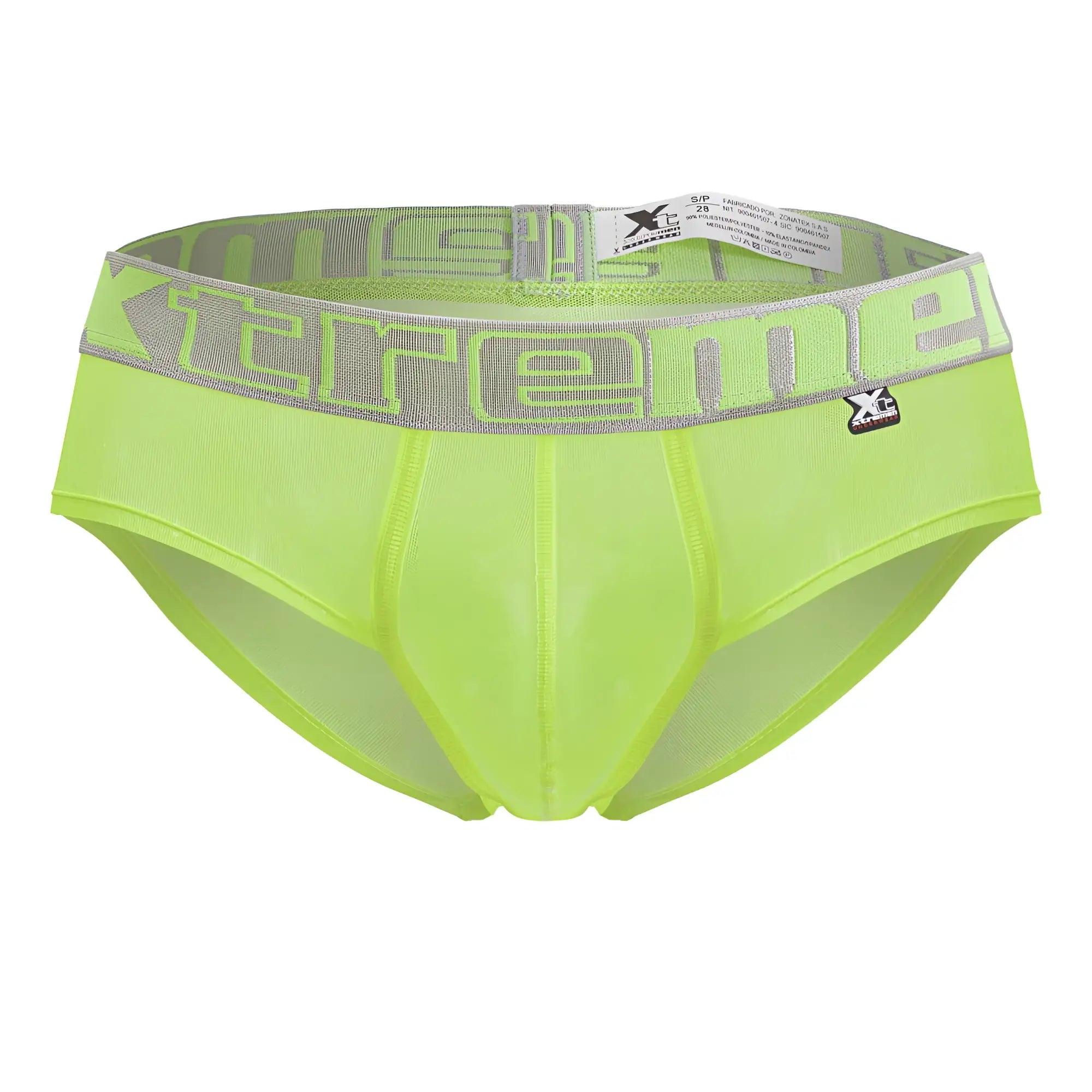 Xtremen 91236 microfiber briefs in neon green mesh with gray elastic waistband featuring extreme lettering