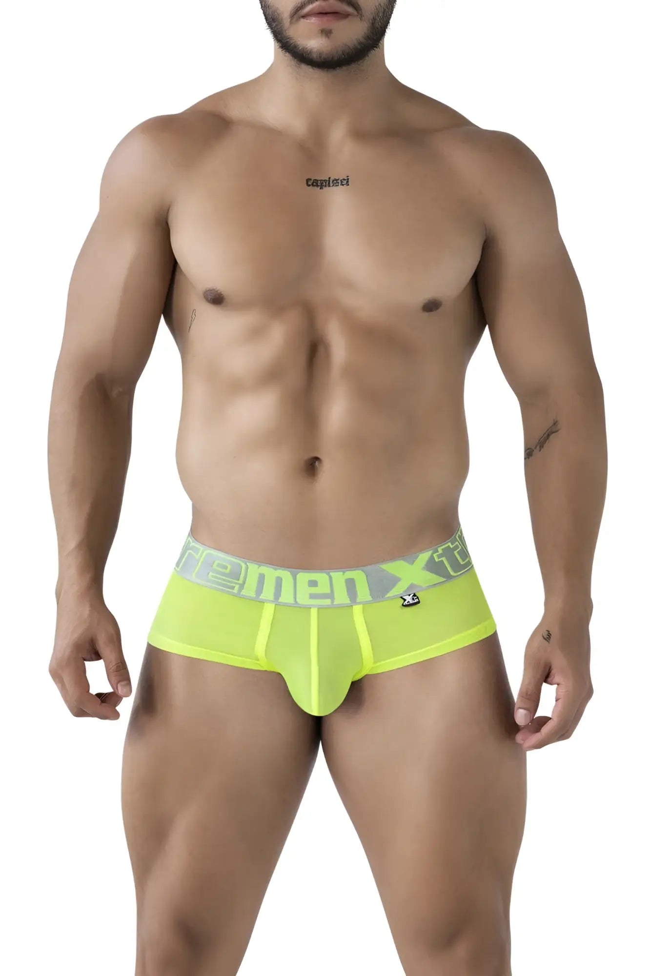 Neon green xtremen 91236 microfiber men’s briefs with gray waistband and femen xt logo in matching green lettering