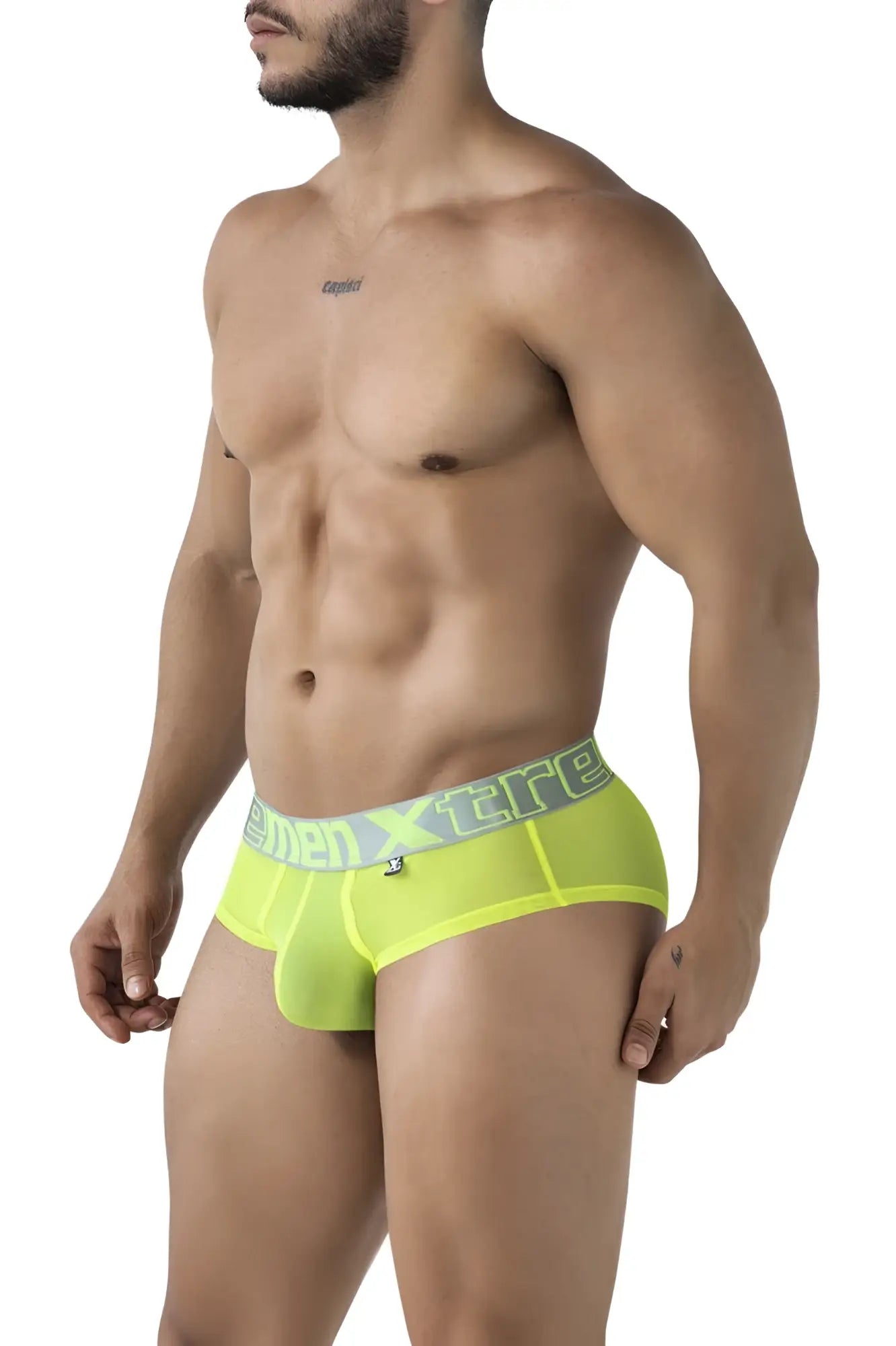Bright neon yellow menxtreme microfiber briefs with a contrasting gray waistband in microbrief style