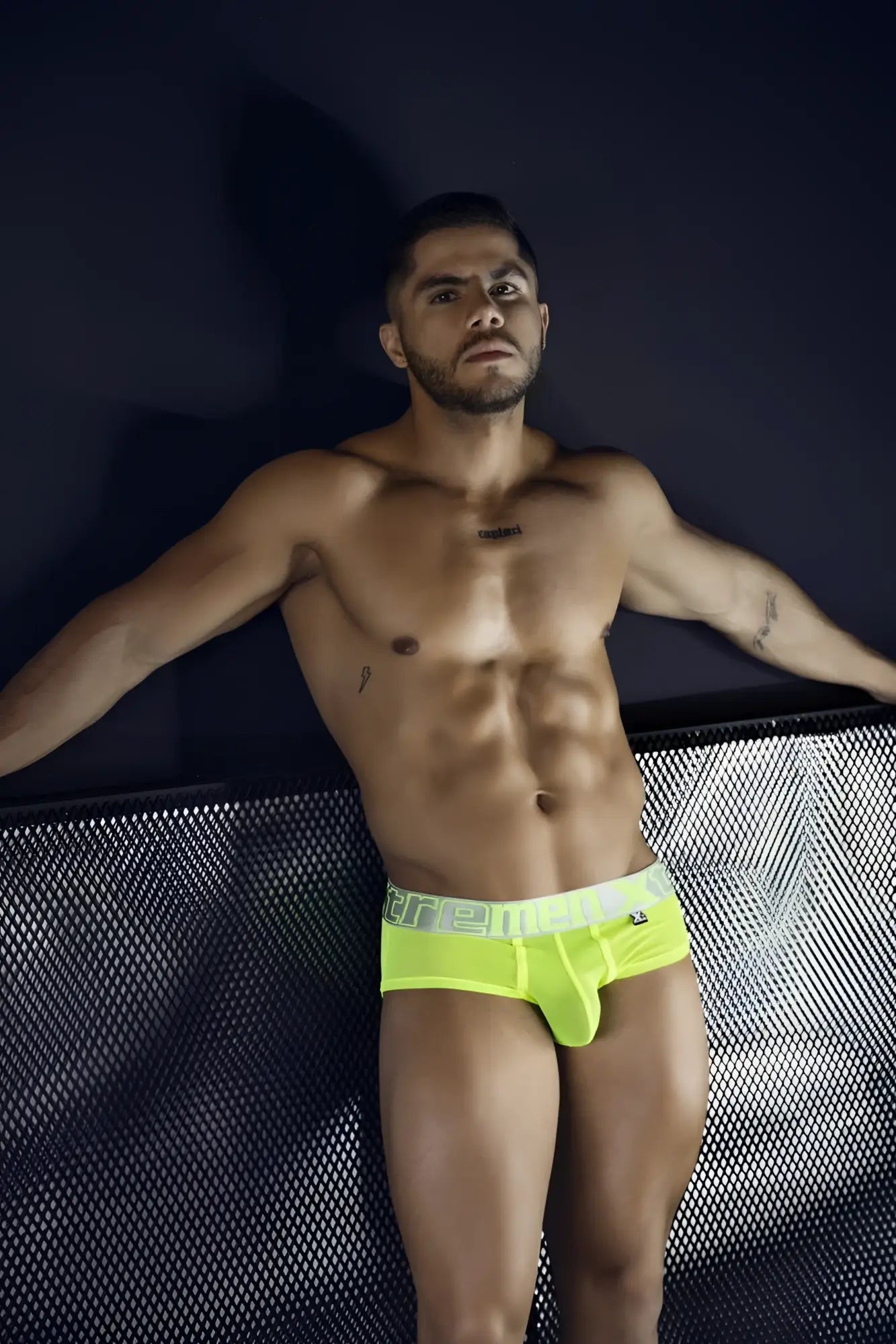 Xtremen 91236 microfiber briefs neon green with bright neon yellow fabric and white waistband featuring ere logo