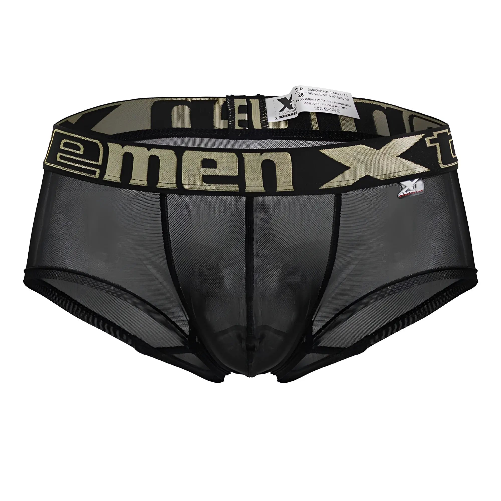 Black mesh men’s underwear with microfiber fabric and camouflage waistband featuring xmen logo in beige