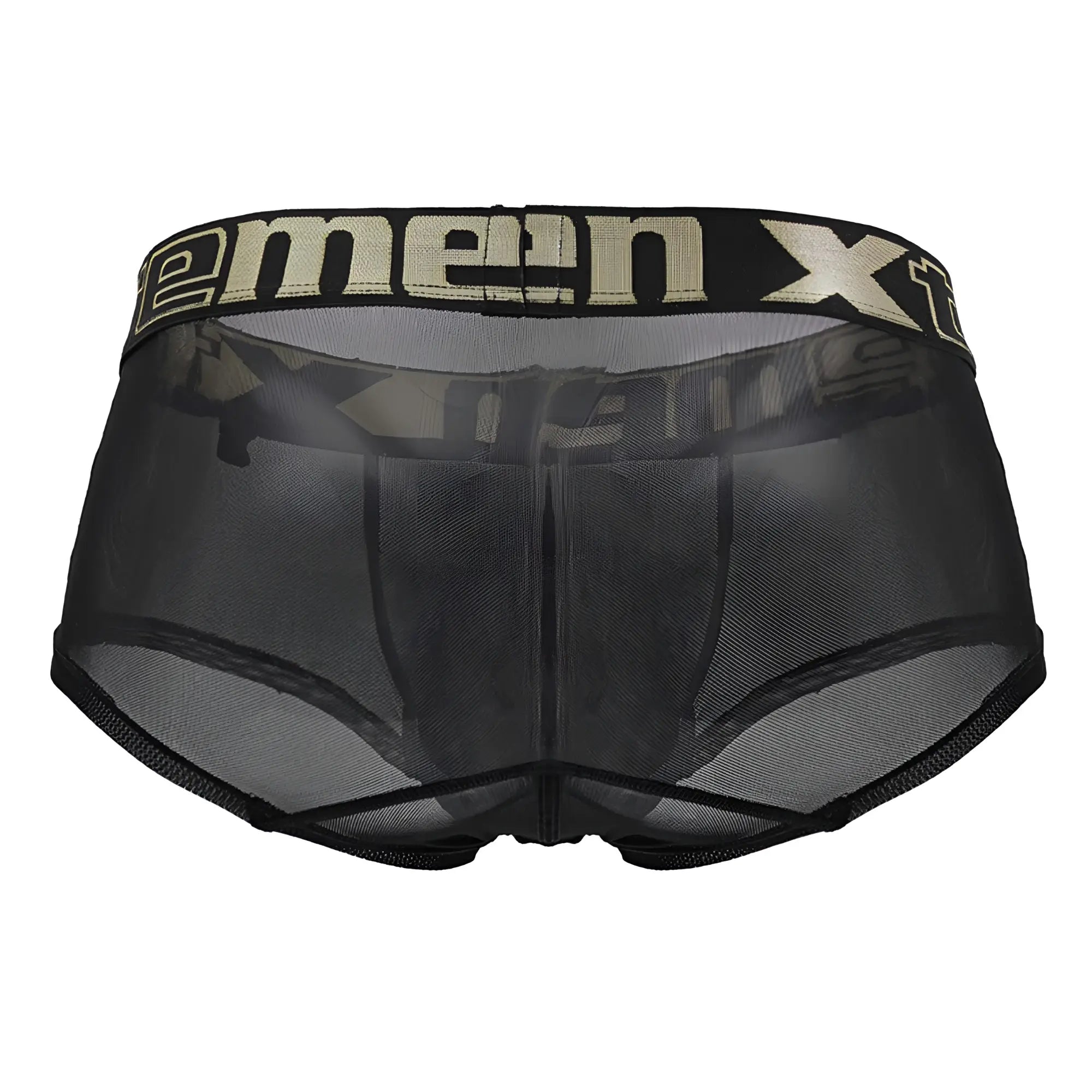 Black sheer mesh xtremen 91237 microfiber trunks with black elastic waistband and beige xtreme branding