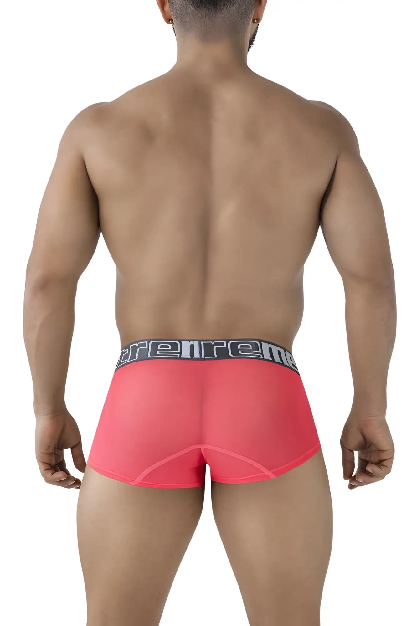 Bright pink sheer microfiber boxer briefs with black and gray elastic waistband branded trenreme xtremen 91237 trunks