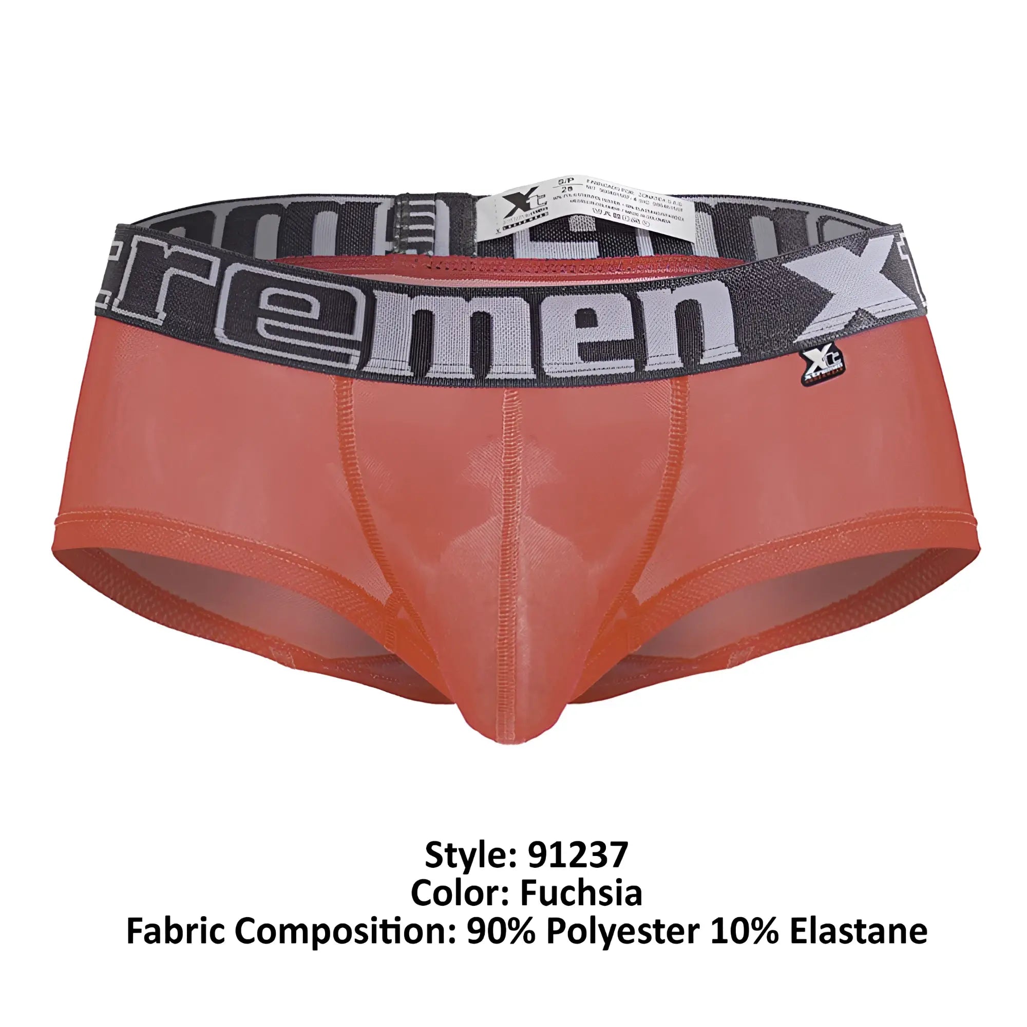 Fuchsia sheer men’s microfiber briefs with black gray xtrememen logo waistband xtremen 91237 trunks