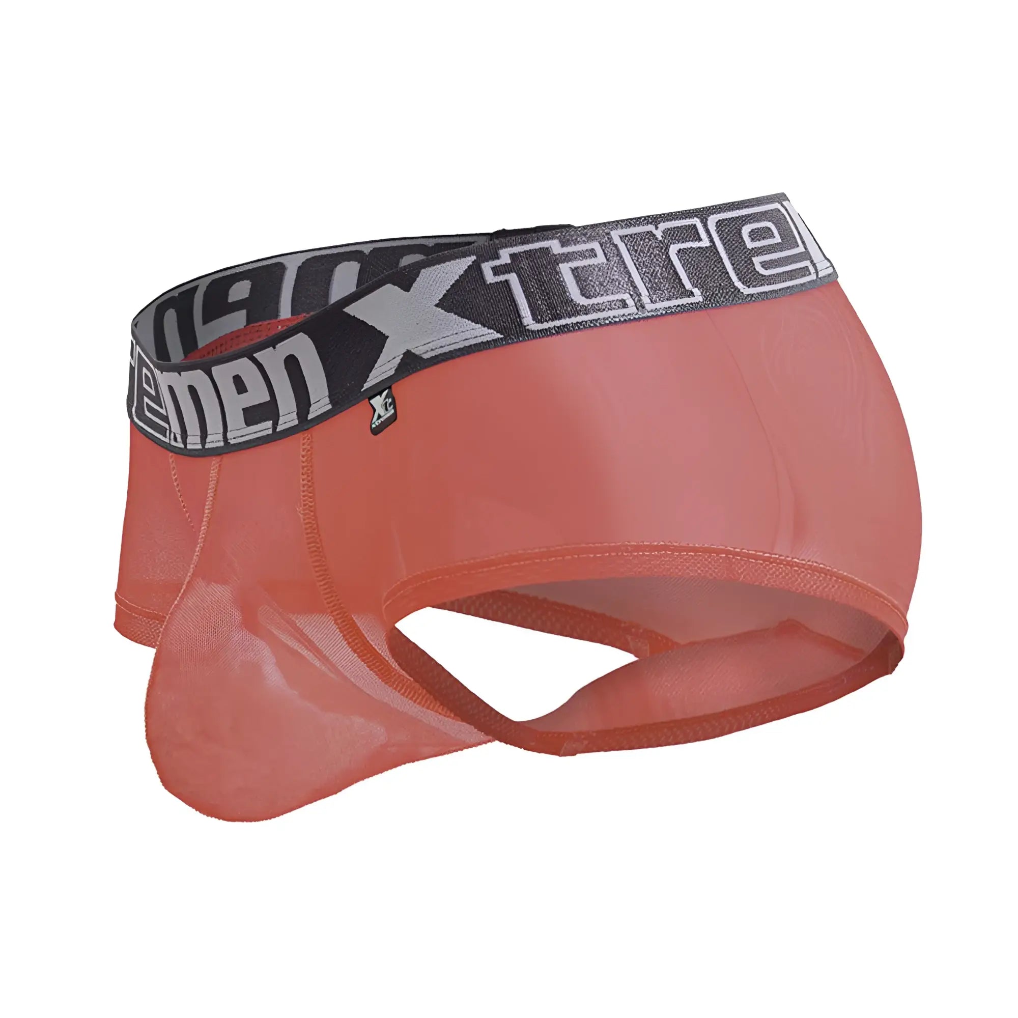 Coral-colored sheer mesh xtremen 91237 microfiber trunks with black elastic waistband and white xtreme branding