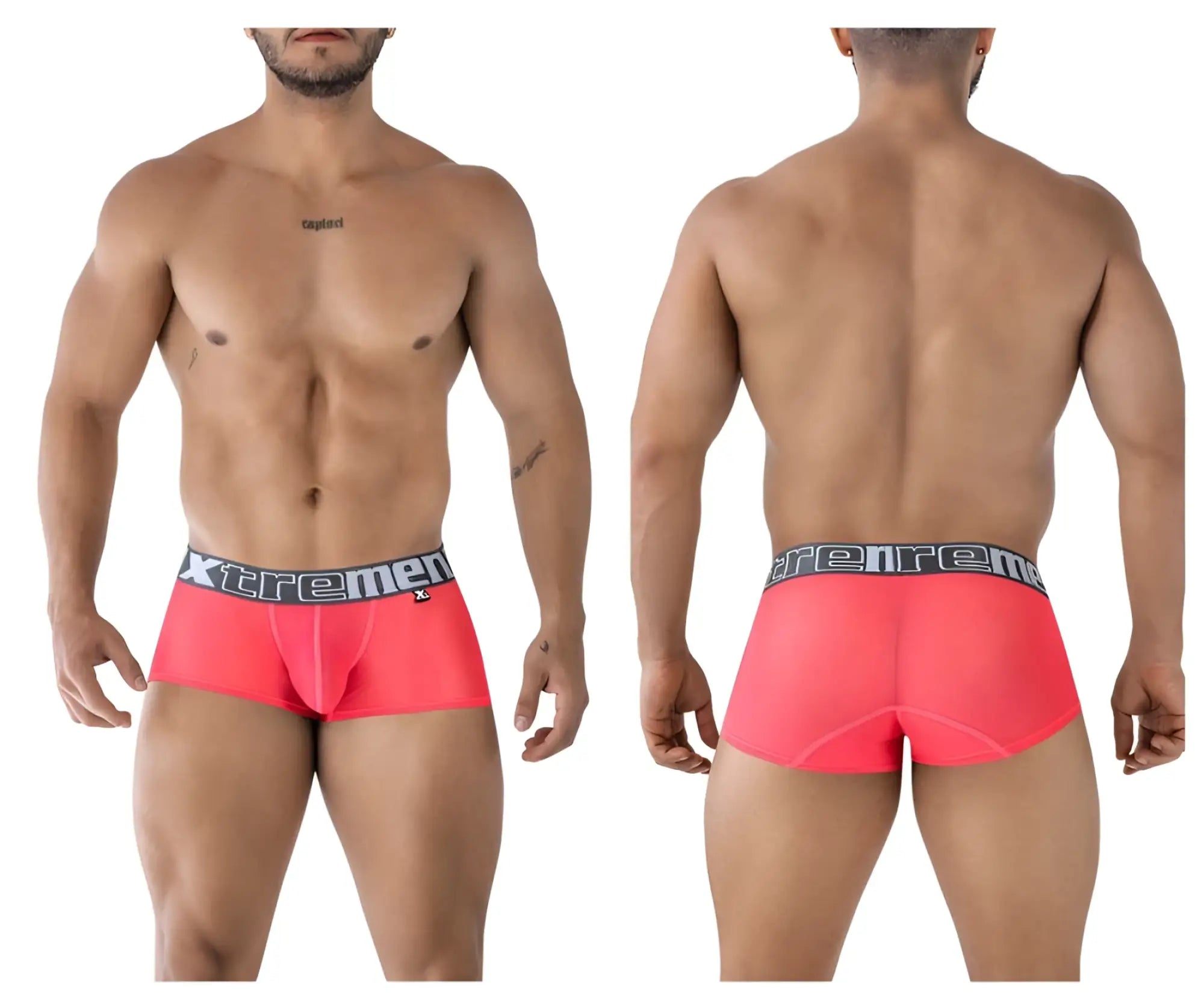 Vibrant coral-colored xtremen 91237 microfiber men’s briefs with black waistband and white logo
