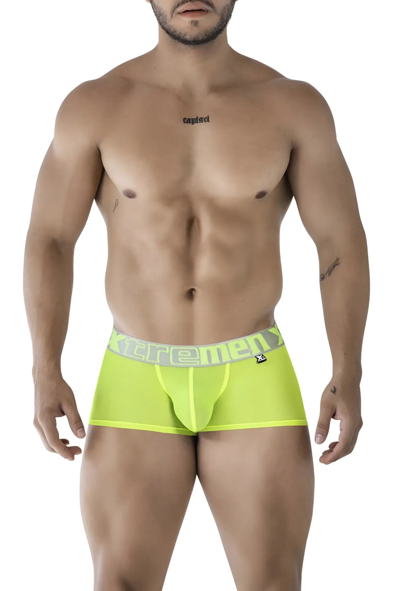 Xtremen 91237 microfiber trunks in neon green feature bright neon green boxer briefs with gray xtreme logo waistband