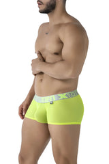 Bright neon green xtremen 91237 microfiber men’s briefs with a gray and white branded waistband