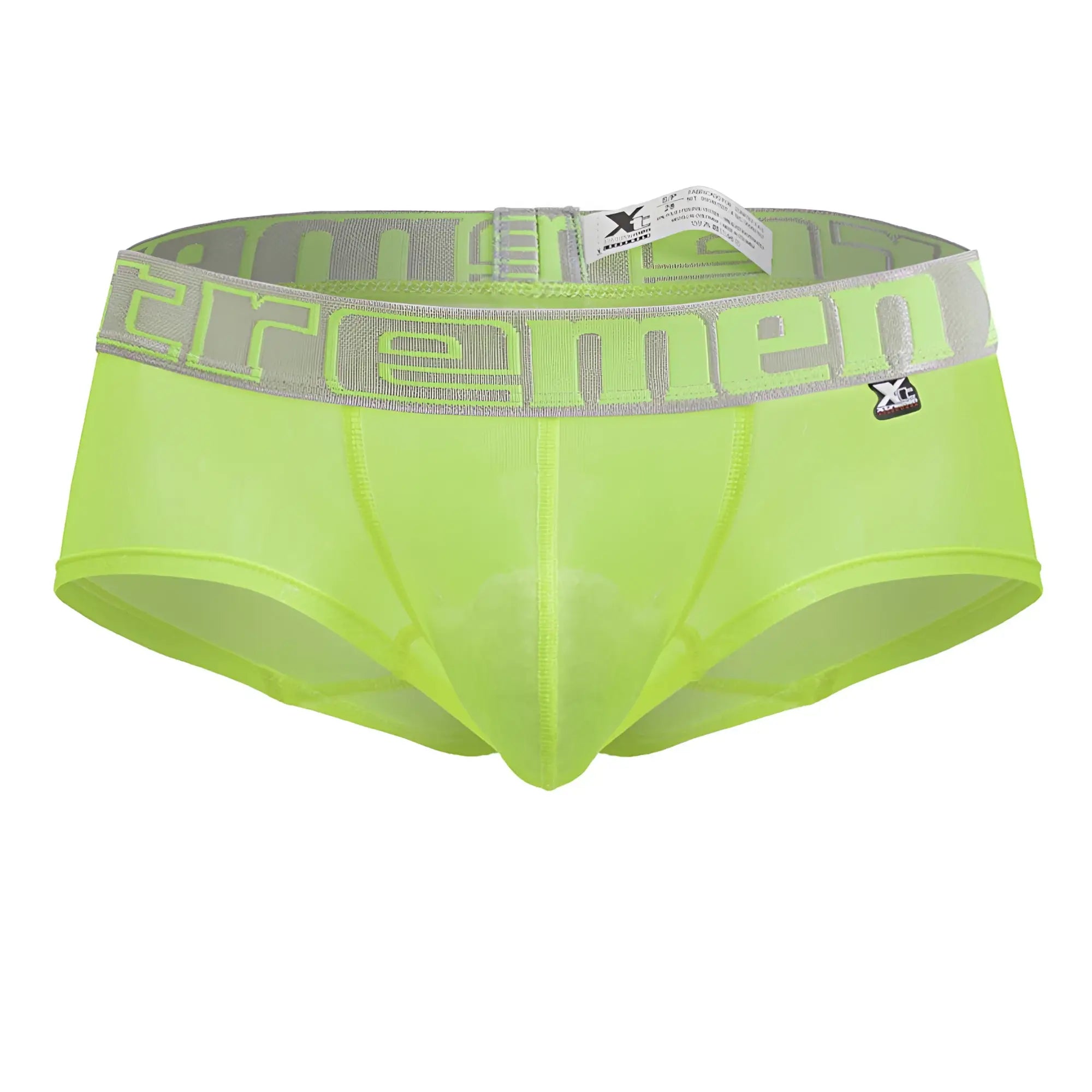 Bright neon green sheer microfiber men’s trunks with gray waistband and xtremen logo in neon green