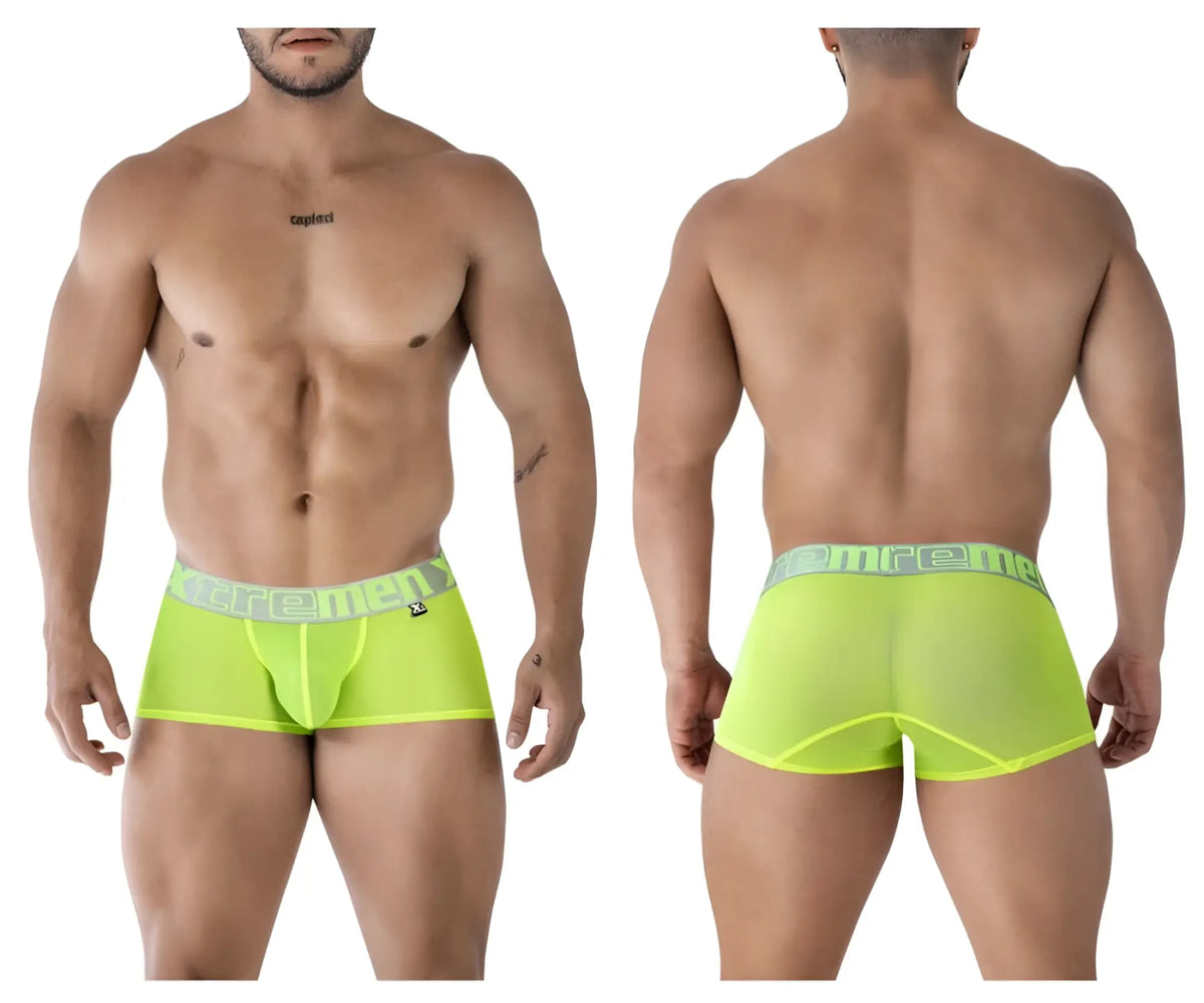 Xtremen 91237 microfiber bright neon green sheer men’s briefs with matching gray extreme logo waistband