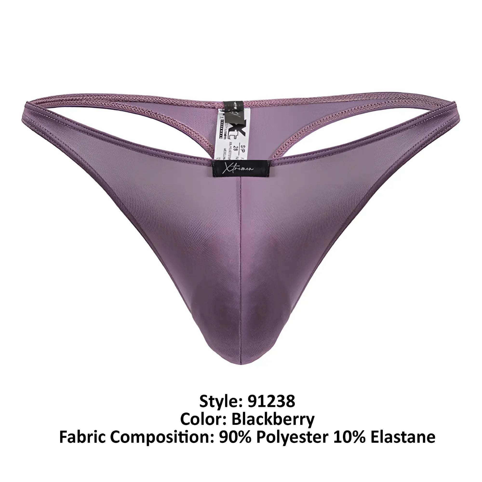 Purple satin microfiber thong with black Xtremen brand tag and size label in blackberry color front view