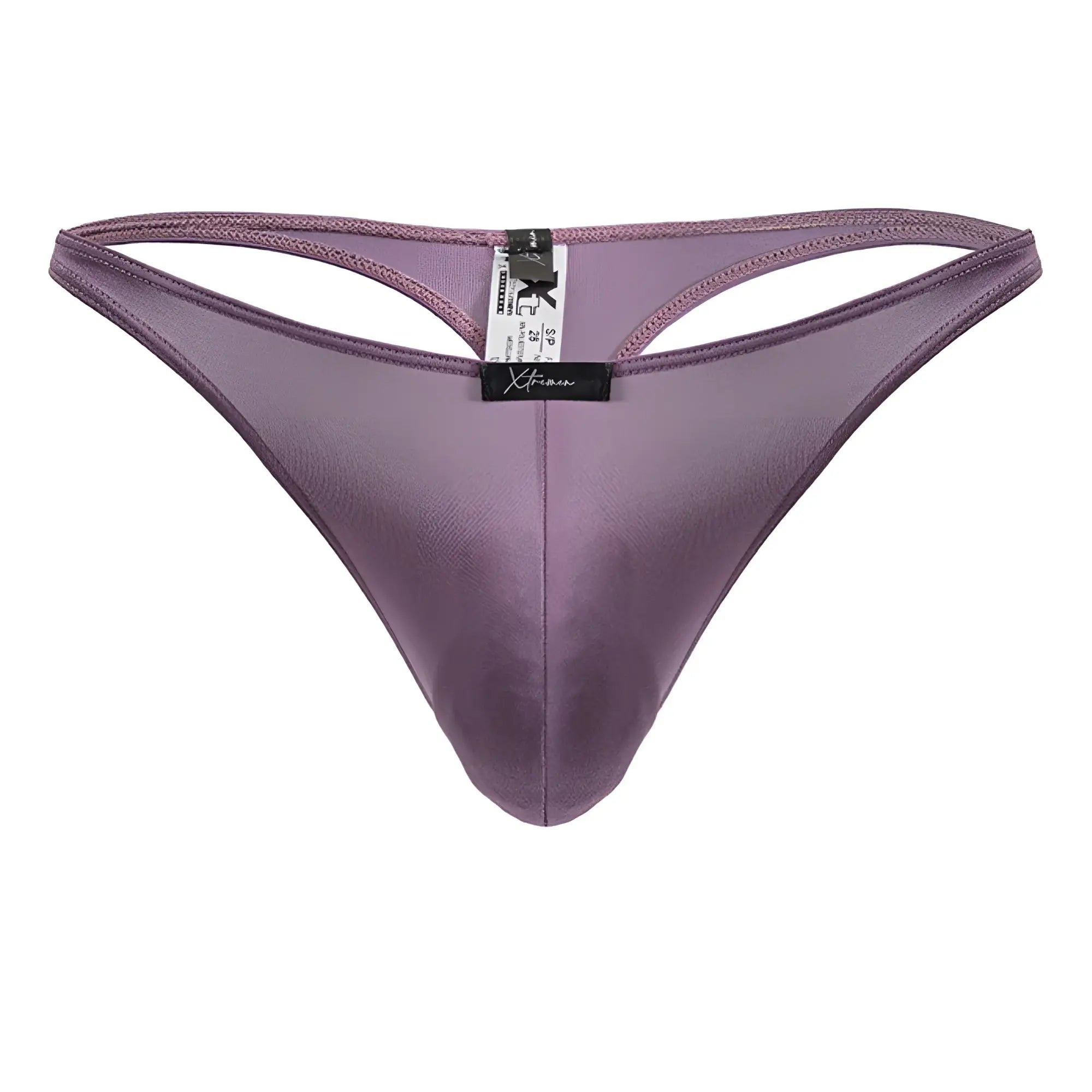 Xtremen 91238 microfiber thong in blackberry purple satin with sleek smooth texture and central seam front view