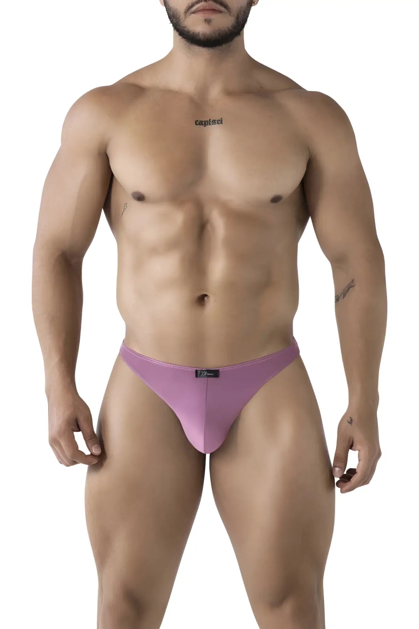 Purple microfiber thong with sleek minimalist design and small black Xtremen brand tag at waistband in blackberry color