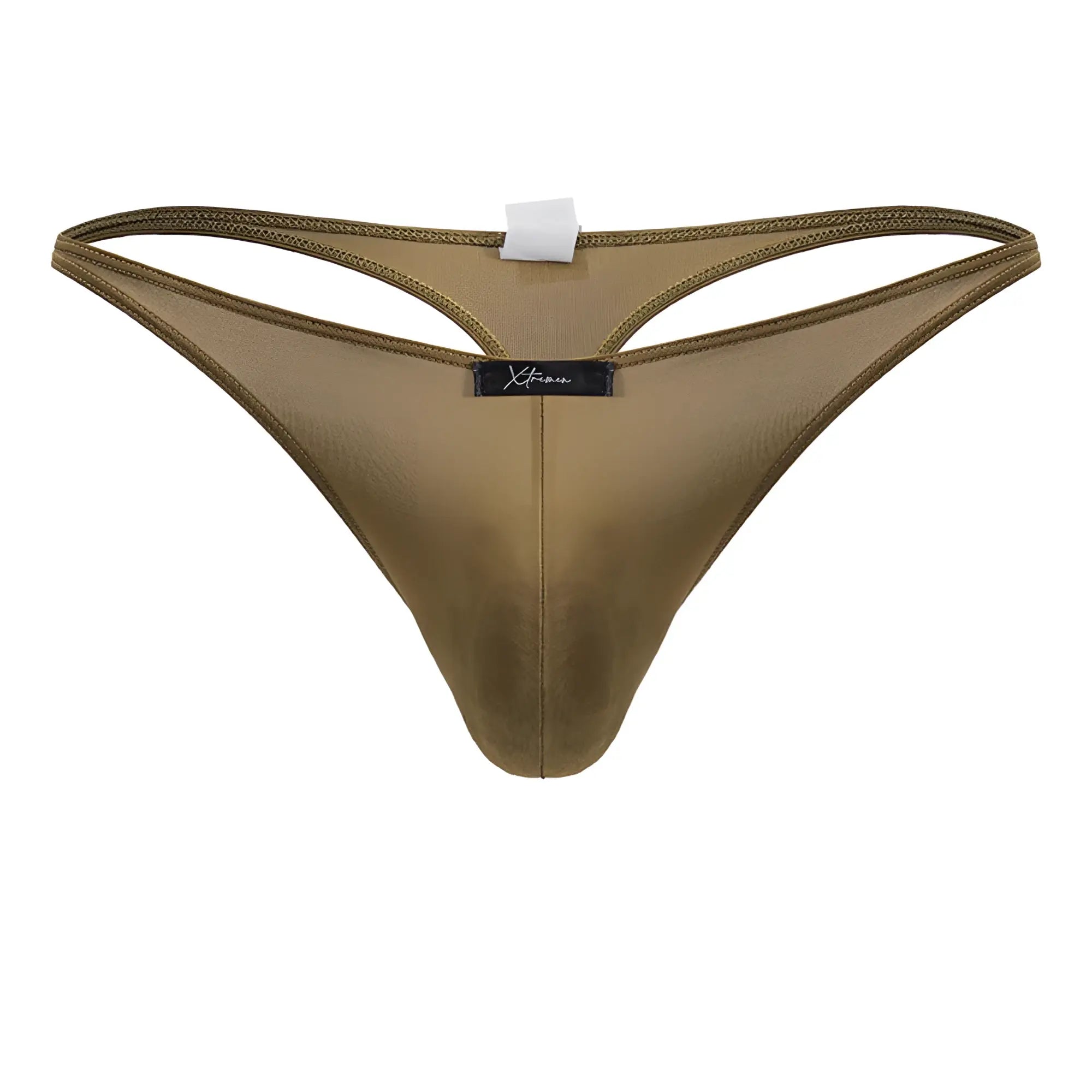 Xtremen 91238 microfiber thong in olive green mesh with satin finish and black brand tag showing front side