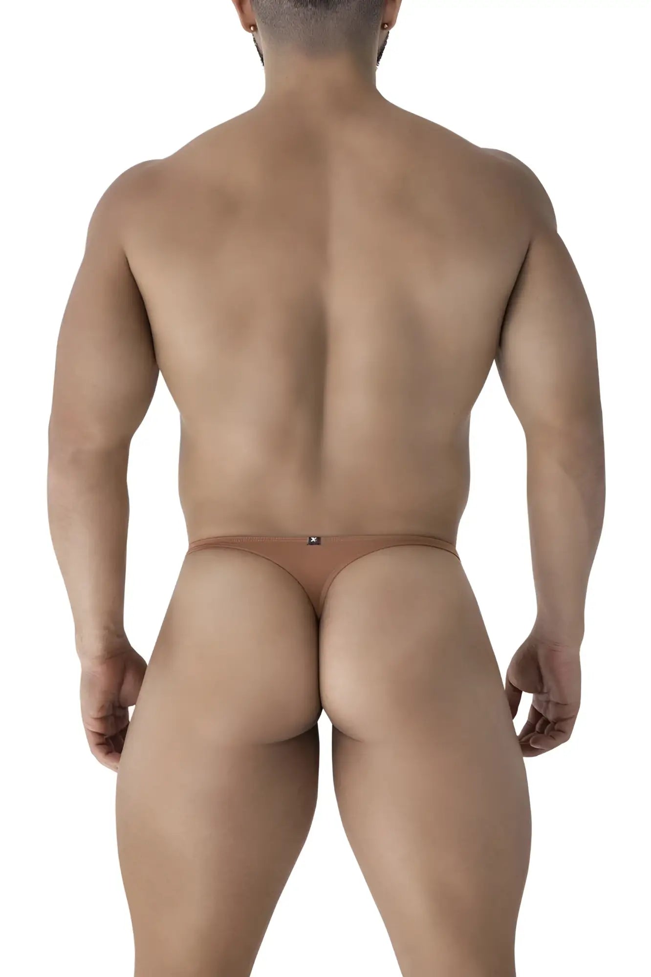 Back side of tan thong briefs in microfiber with a small black logo on the backband xtremen 91238 brown