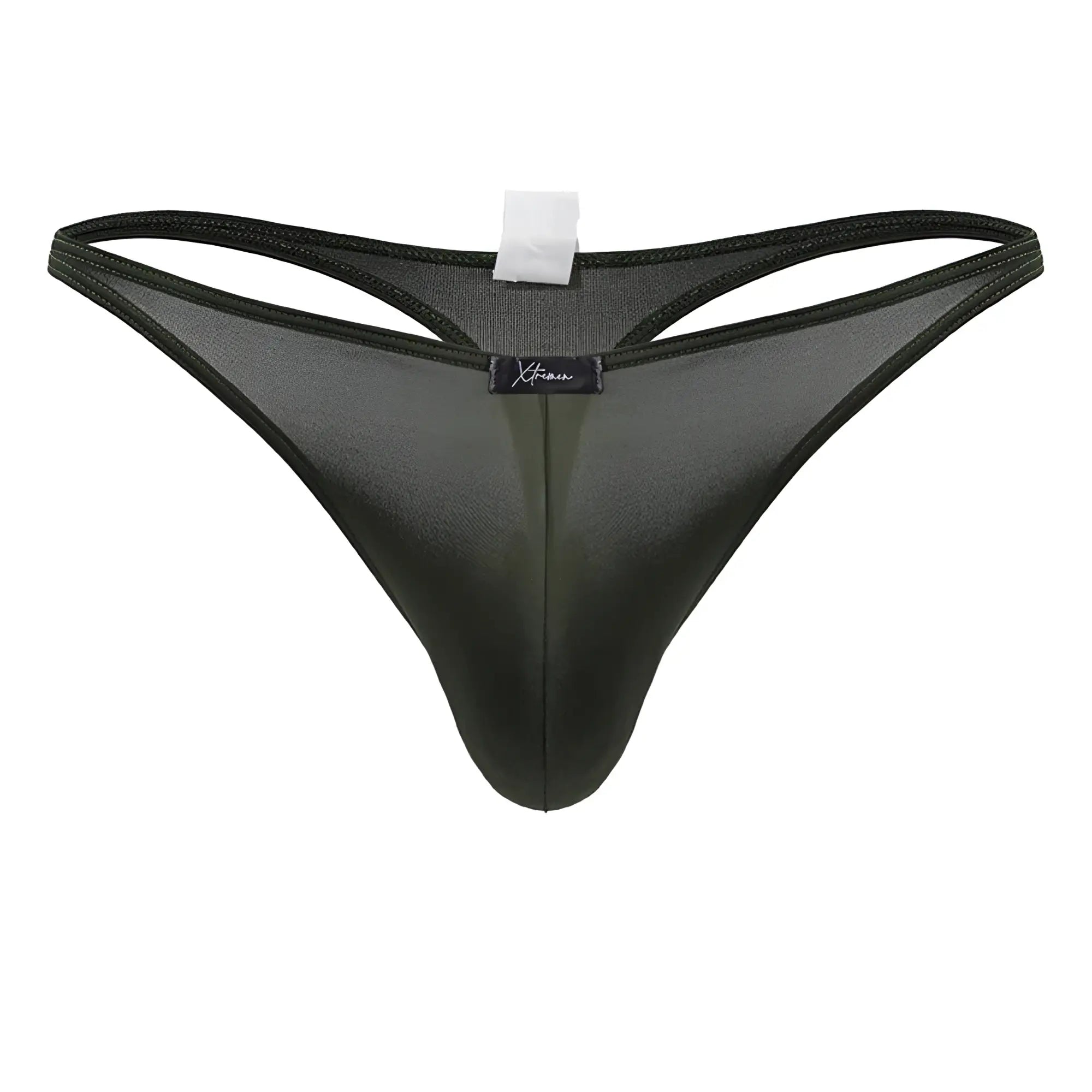 Black sheer mesh thong with subtle sheen and reinforced elastic waistband in green microfiber xtremen 91238