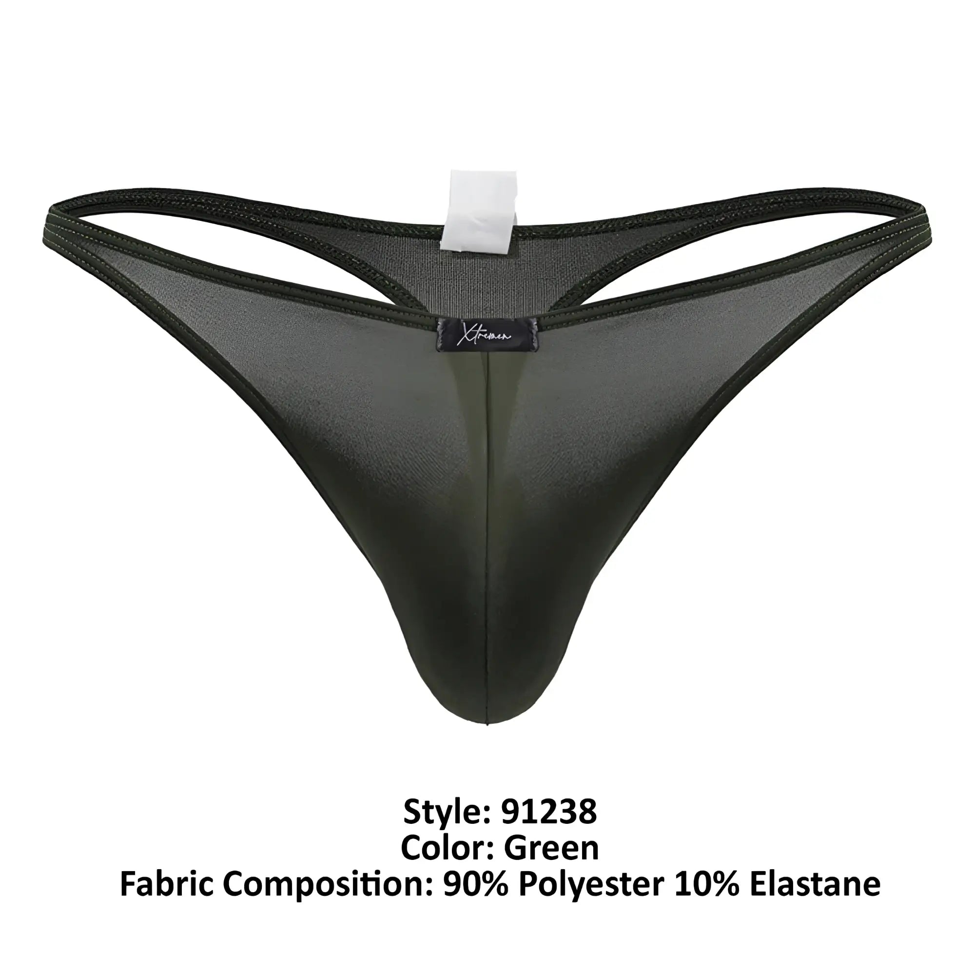 Black sheer green xtremen 91238 microfiber thong with subtle sheen and reinforced elastic waistband viewed from back