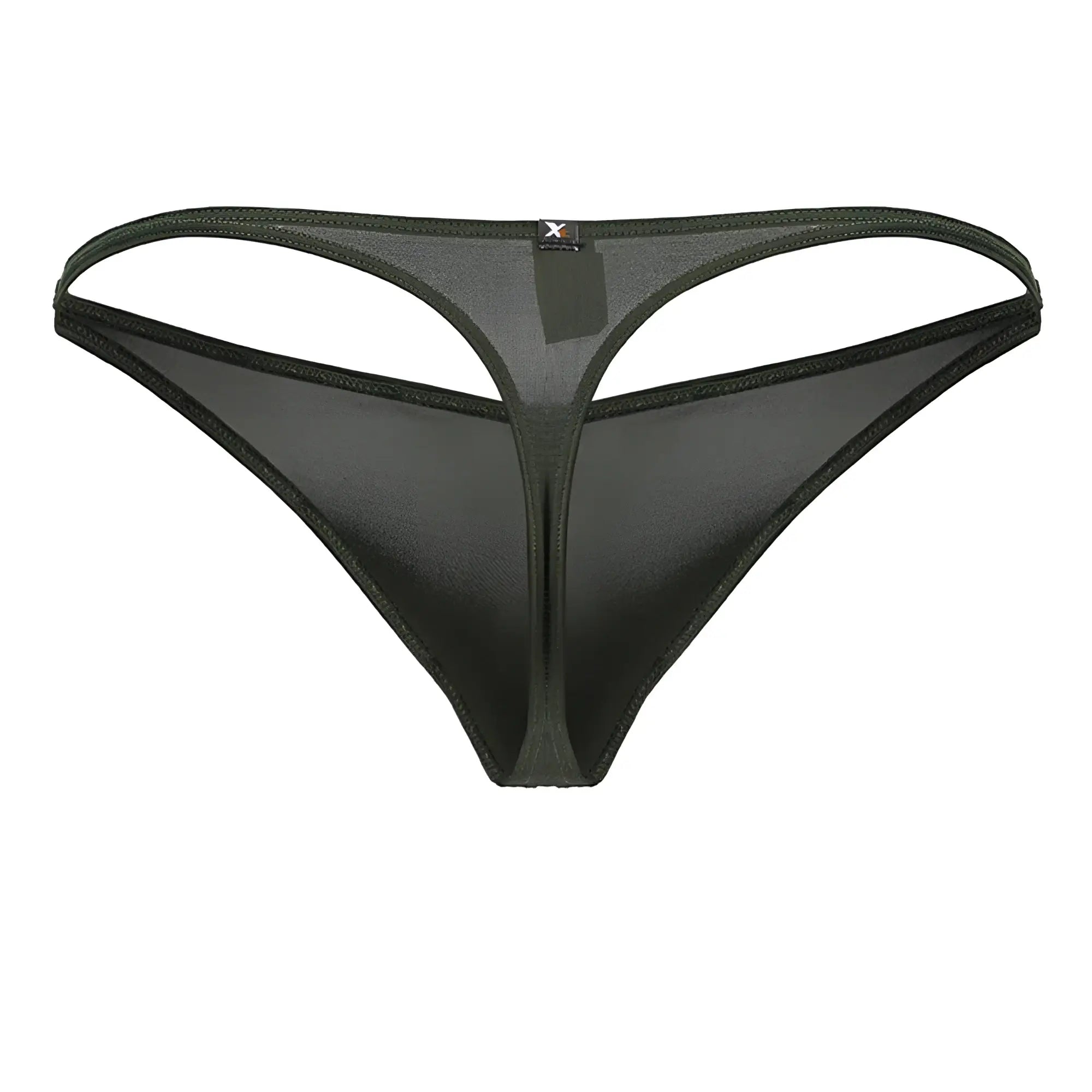 Xtremen 91238 microfiber thong in green with black sheer fabric, thin supportive waistband, and reinforced edge stitching