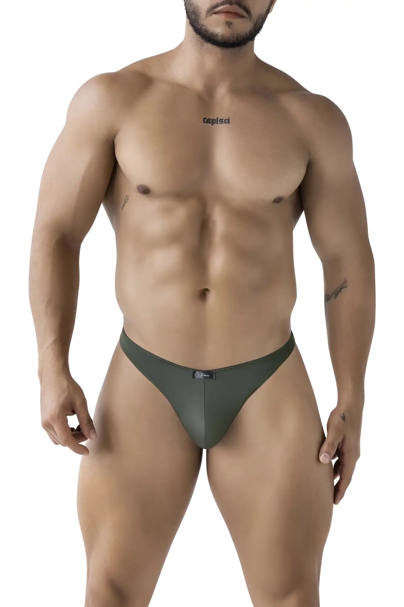 Dark olive green Xtremen 91238 microfiber thong made of smooth stretchy fabric with black brand tag at waistband back side