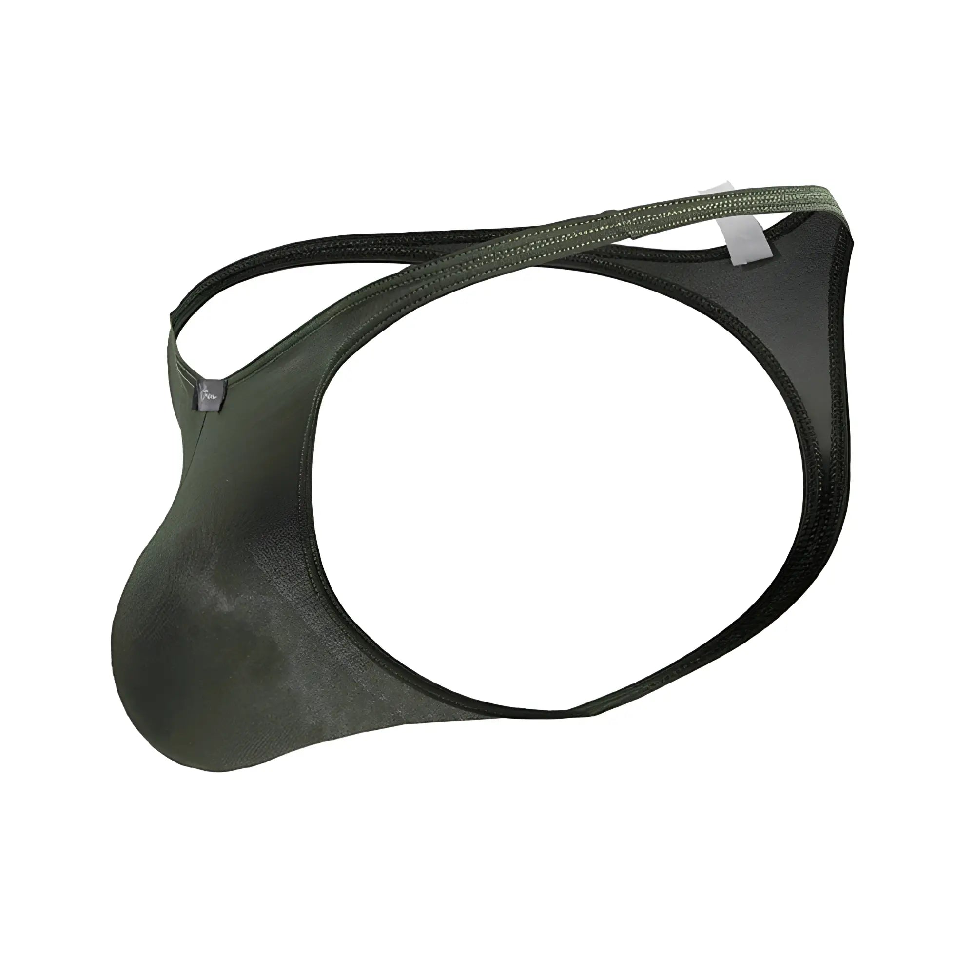 Olive green xtremen 91238 microfiber men’s thong with smooth stretchy fabric sleek design and black trim showing back side