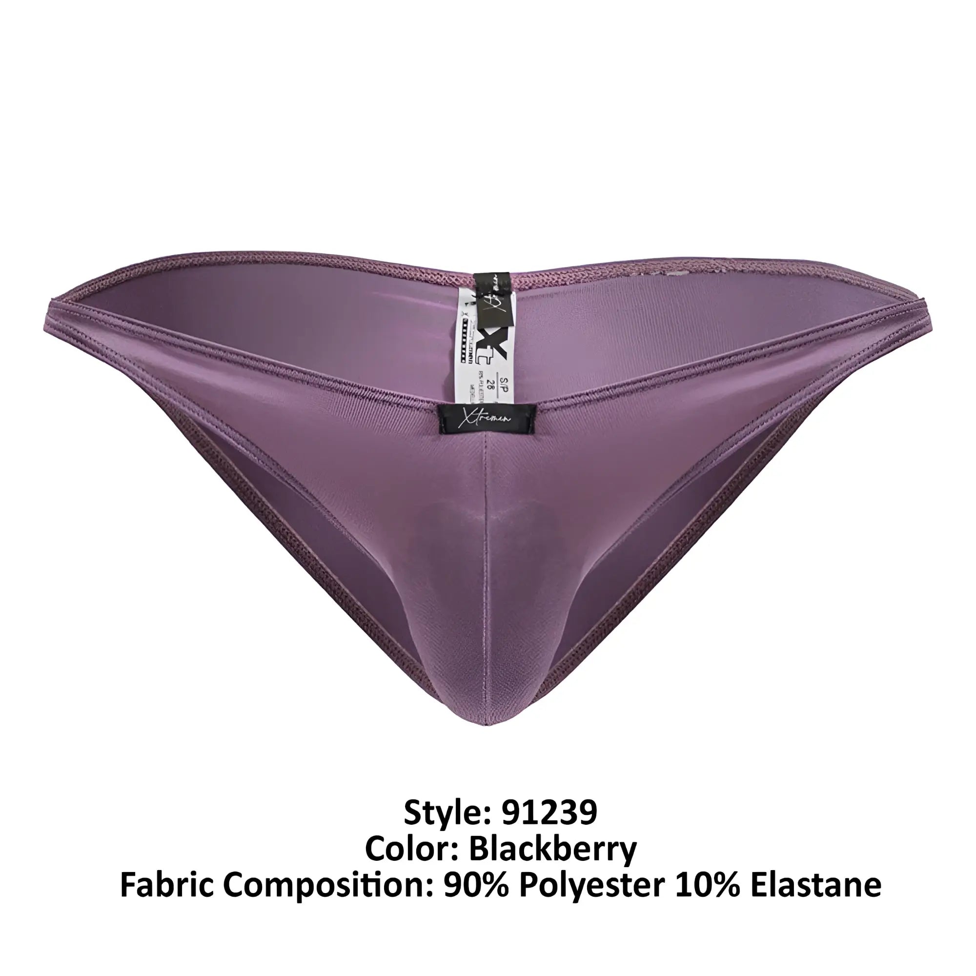 Purple satin microfiber men’s briefs with sleek form-fitting design and black Xtremen brand tag in blackberry color