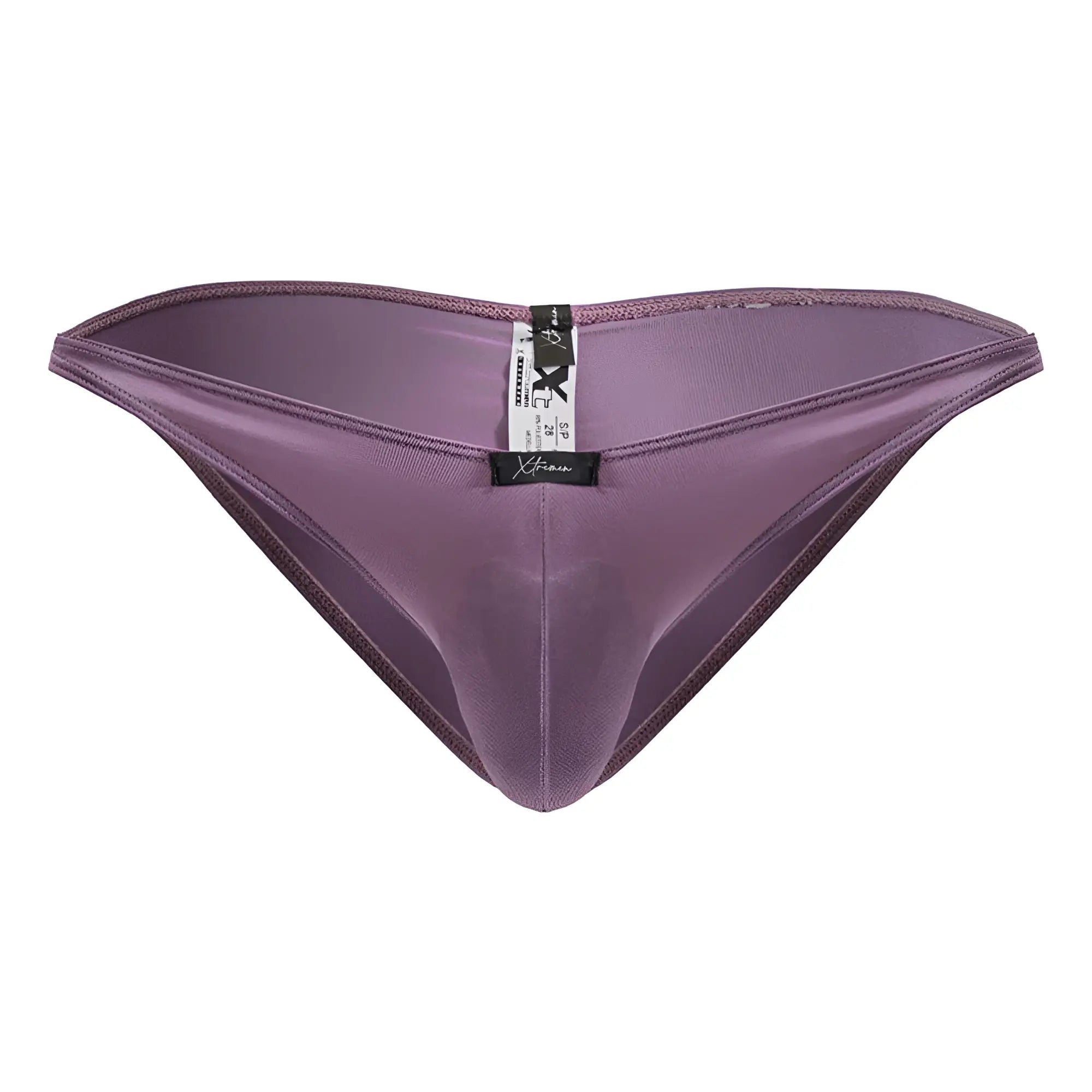 Purple satin thong with sleek smooth texture and subtle sheen made of microfiber in blackberry color by xtremen 91239